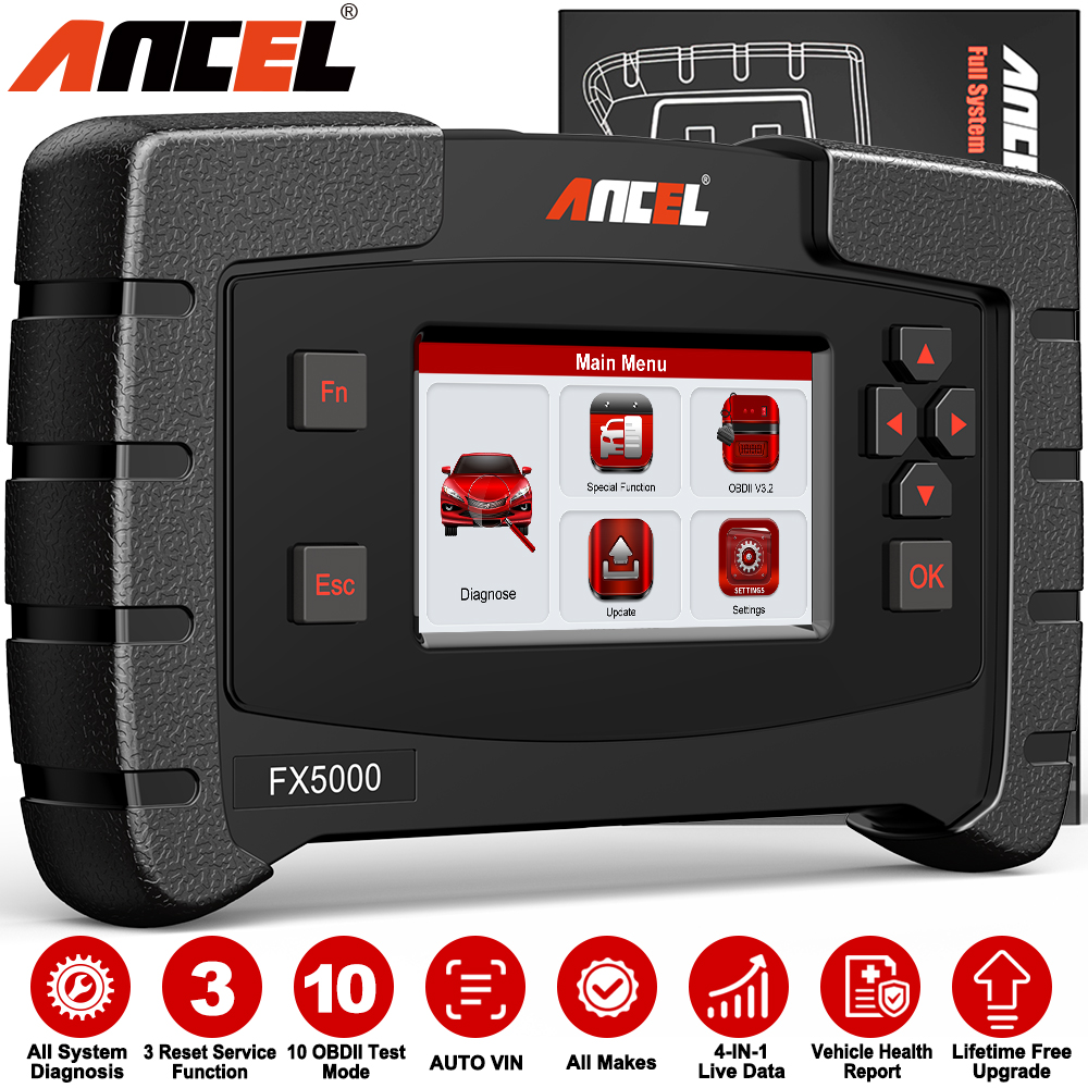 ANCEL FX5000 OBD2 Scanner Car Scan Tool All System Automotive Diagnostic 3 Reset Functions ABS Bleeding Oil Reset EPB Reset EOBD OBDII Code Reader Full OBD2 Functions Turn off MIL Lifetime Free Update