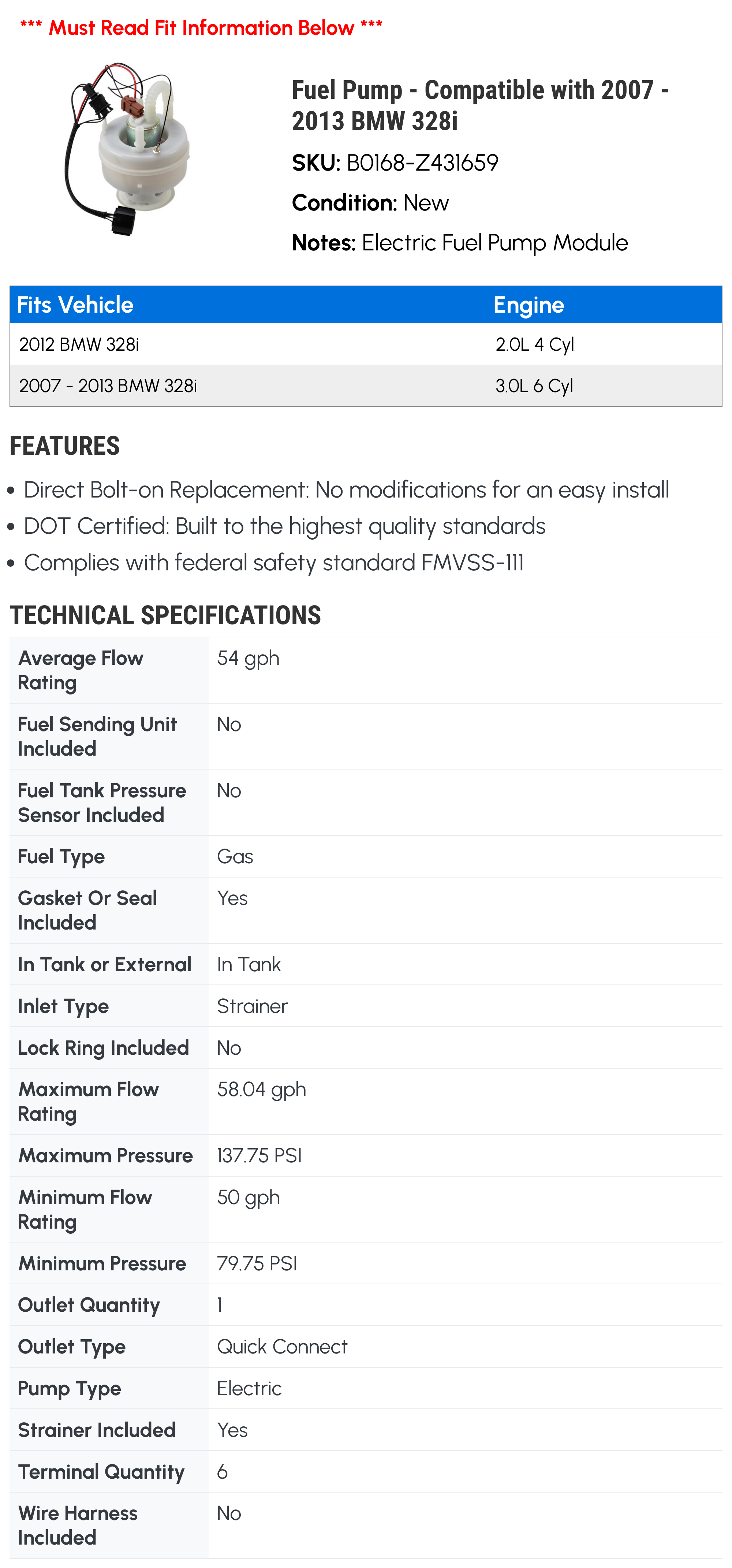 Fuel Pump - Compatible with 2007 - 2013 BMW 328i 2008 2009 2010 2011 2012
