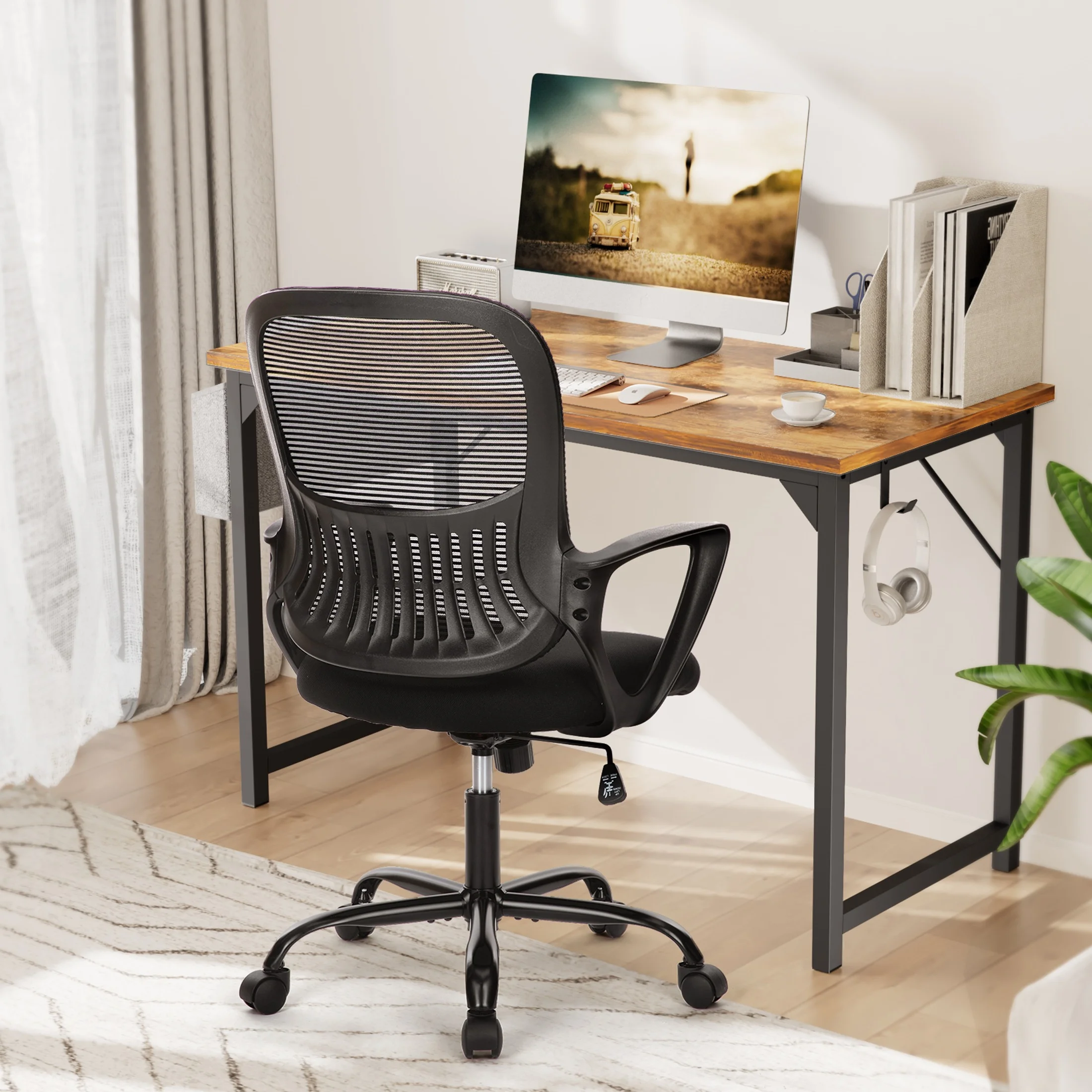 Home Office Mid Back Mesh Desk Chair with Comfortable Armrests and Cushion, Black
