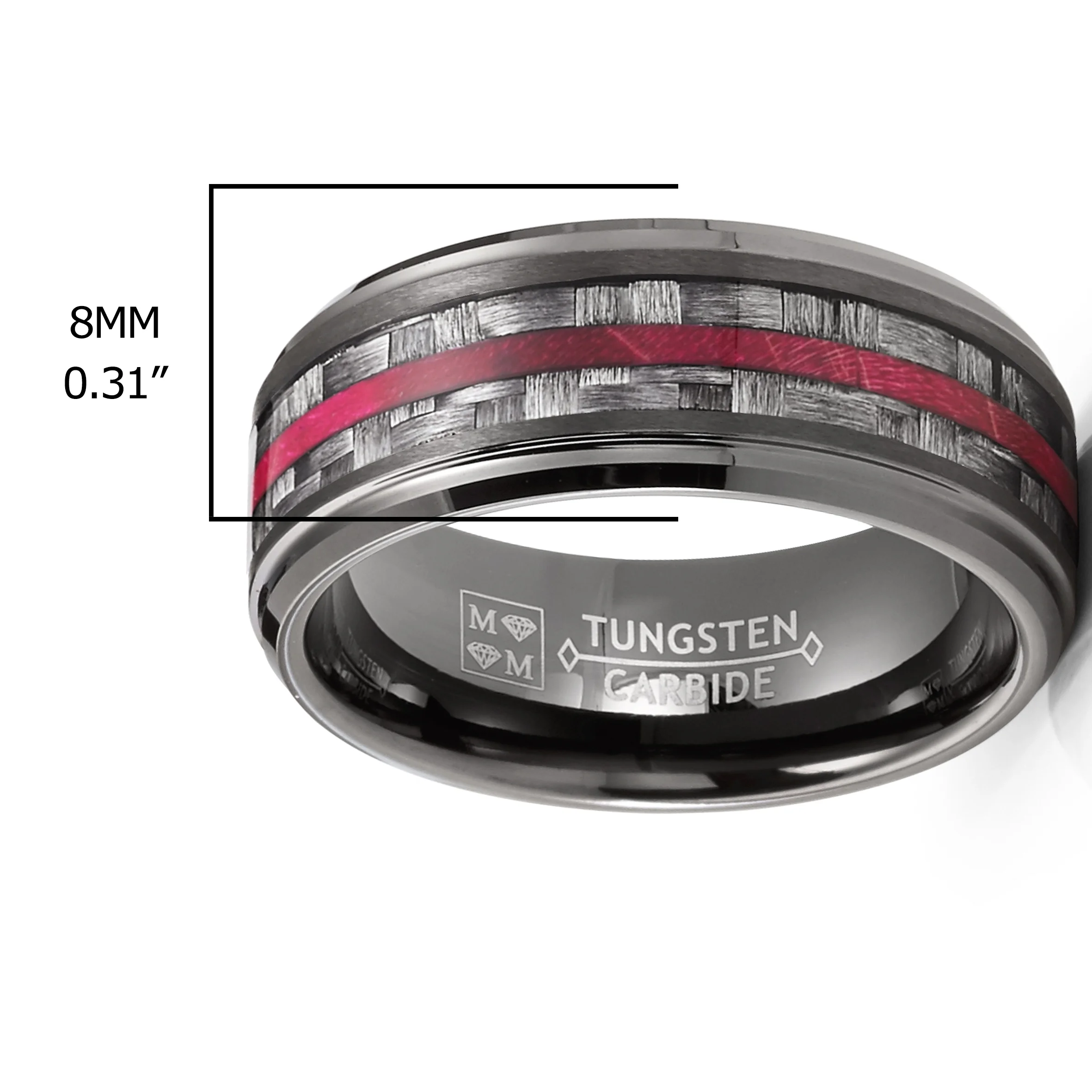 Metal Masters Carbon Fiber Tungsten Carbide Ring Red Wood Wedding Band Gunmetal 8MM