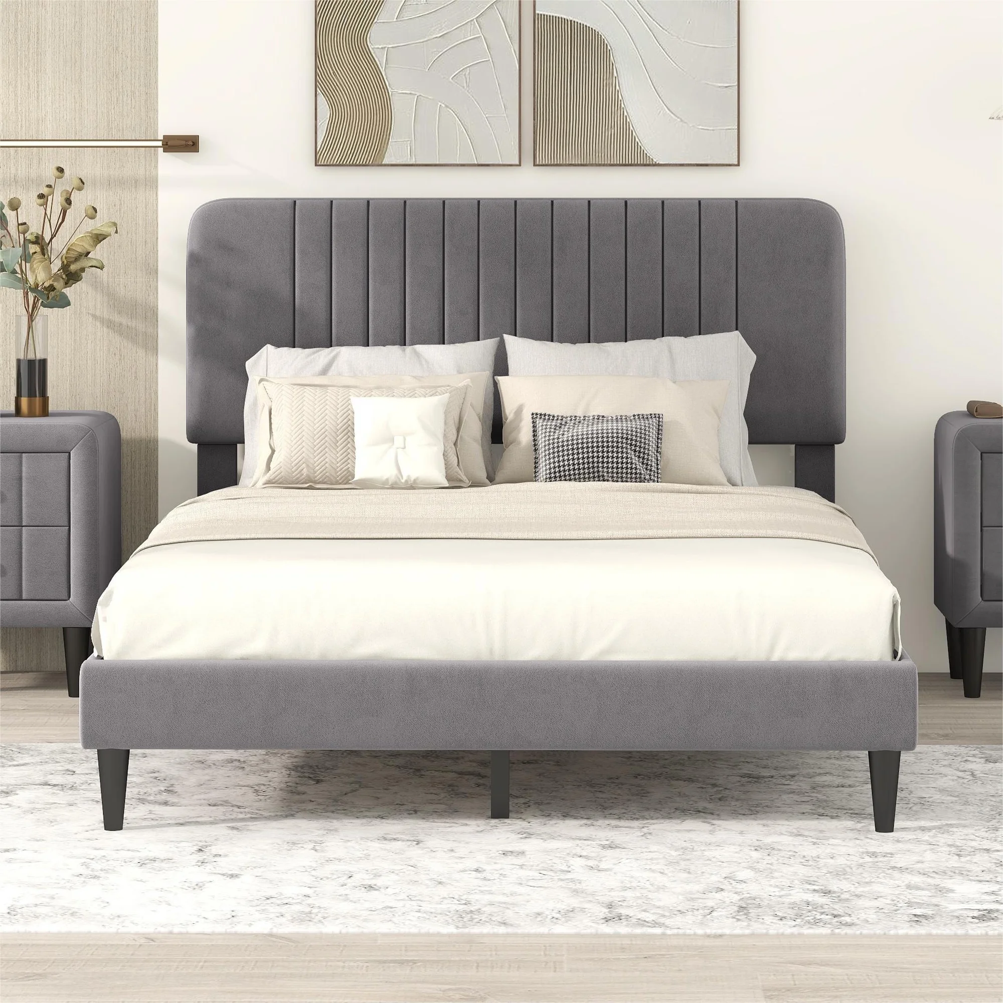 Upholstered Full Platform Bed Frame with Headboard, Full Size Velvet Fabric Bed Frame Mattress Foundation with Sturdy Wood Slats Support, No Box Spring Needed, Easy Assembly, Gray