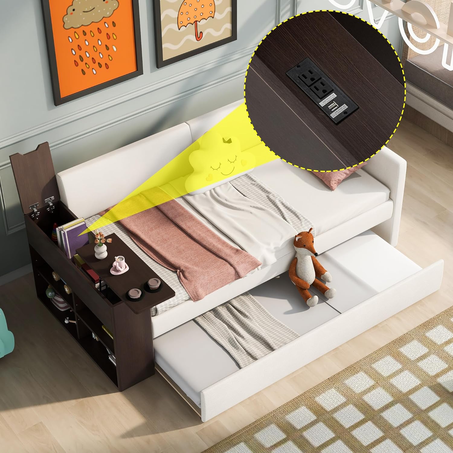 Upholstered Daybed With Trundle, Storage Arms, Cup Holder And USB Design, Daybed Frame Sofa Bed, No Box Spring Required, For Living Room Bedroom Guest Room - Linen Beige