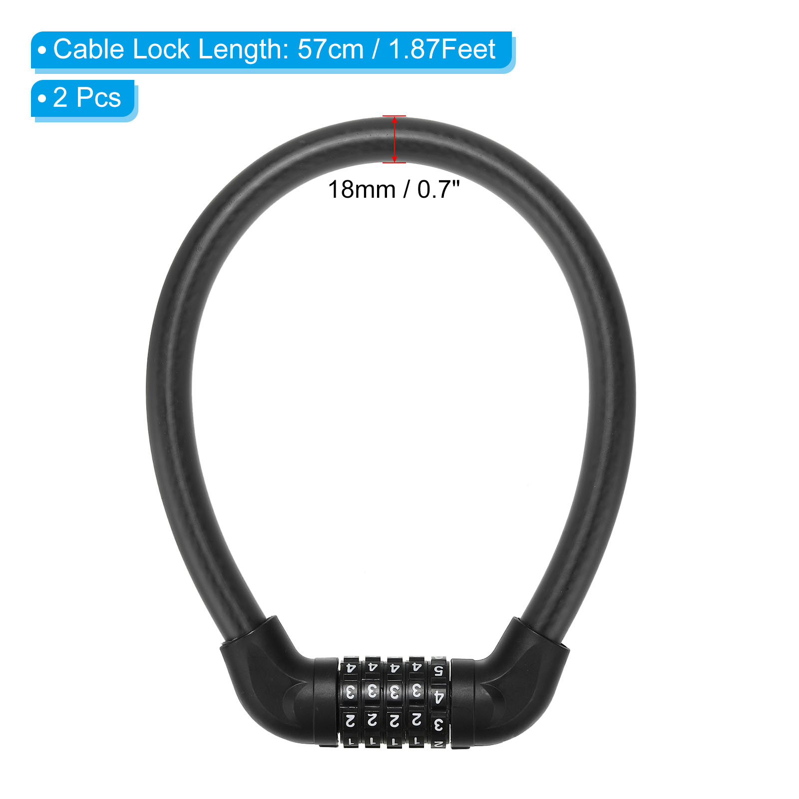 Uxcell 1.87 Feet Combination Bicycle Lock, 2 Pack 5 Digit Extended Portable Steel Cable Resettable Code Lock, Black