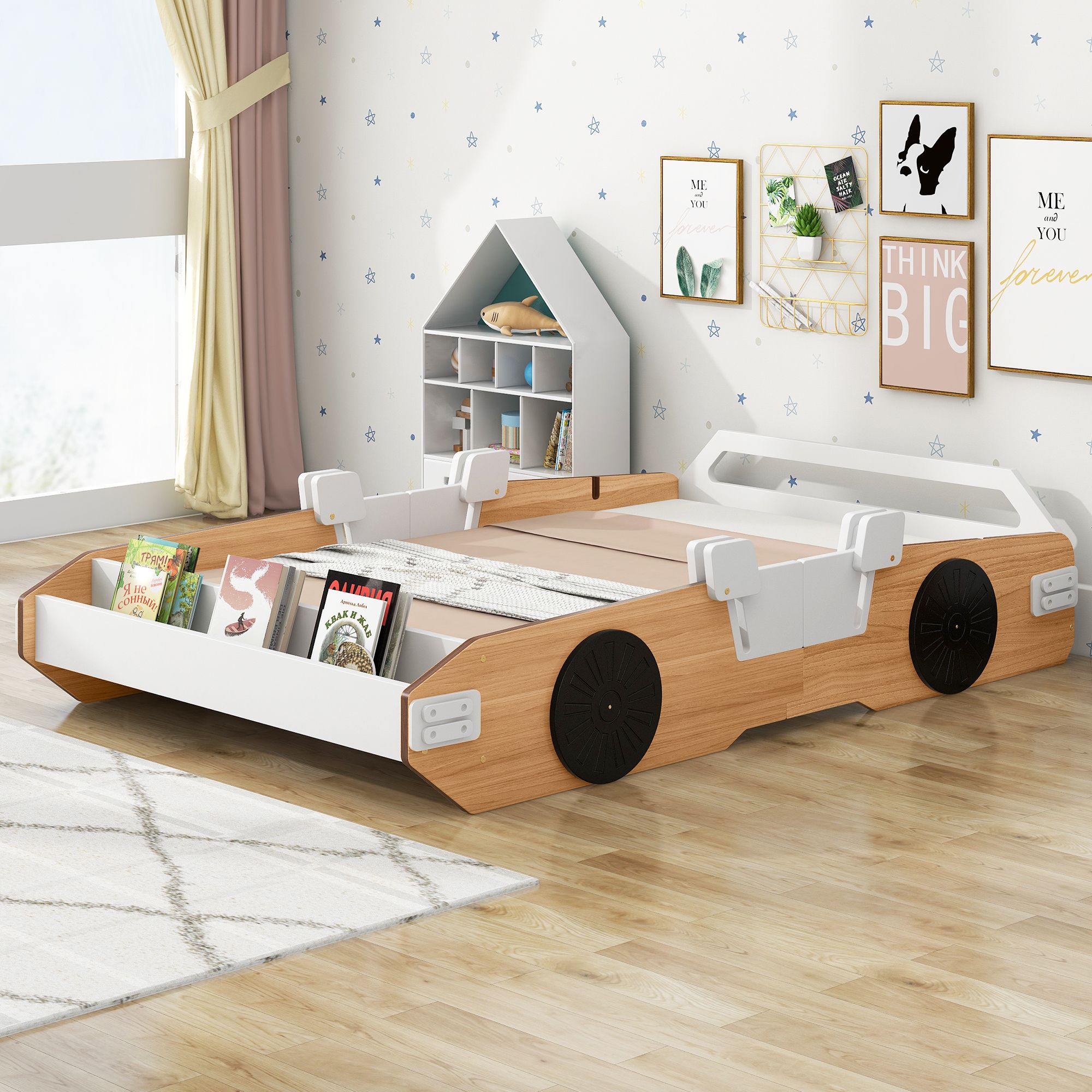 Wood Racing Car Platform Bed Mattress Foundation with Door Design and Storage, Bed Frame Storage Bed w/ Wooden Slats for Boy Girl, No Box Spring Needed, Easy Assembly