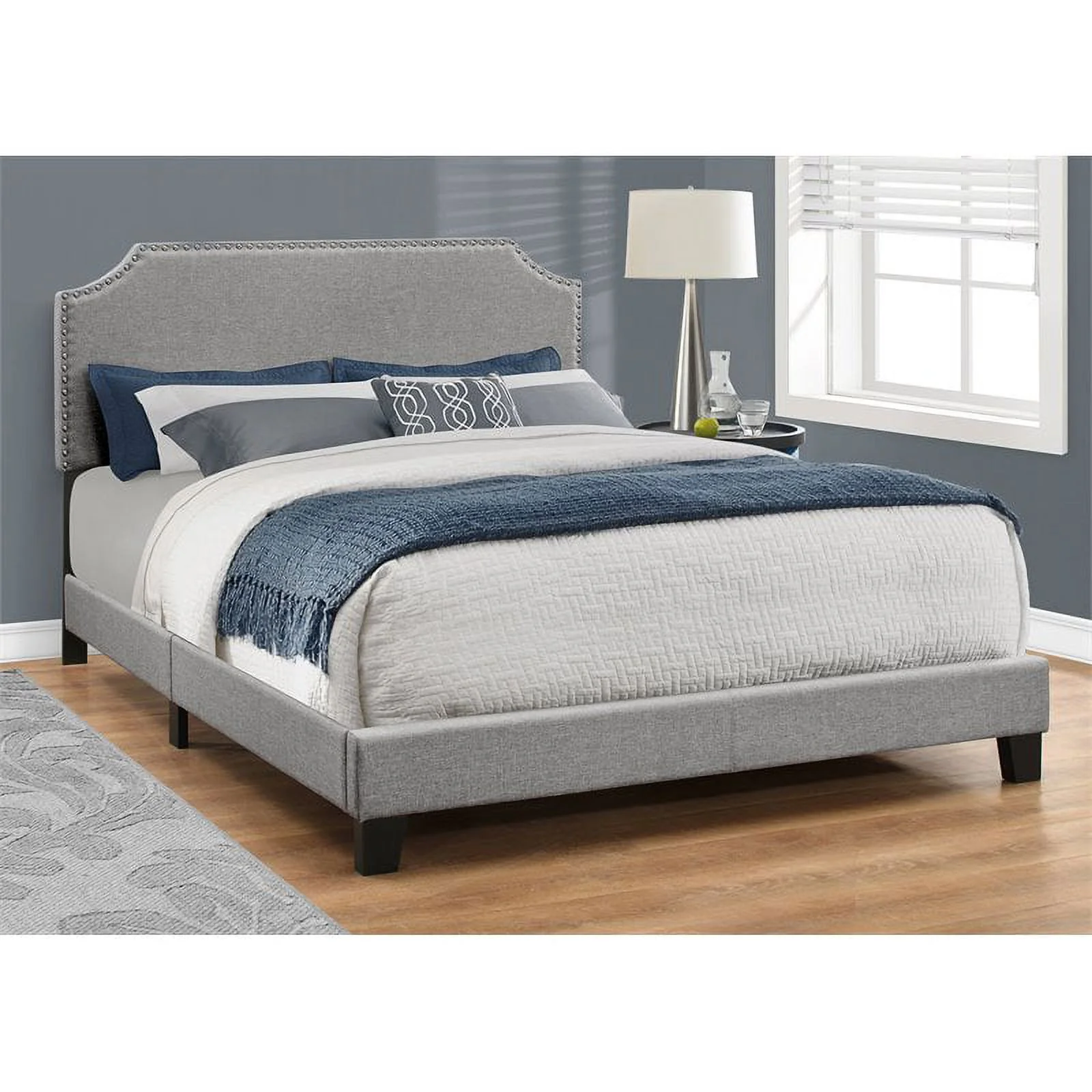 Bowery Hill Bed Queen Platform Bedroom Frame Upholstered Linen Look Gray Chrome