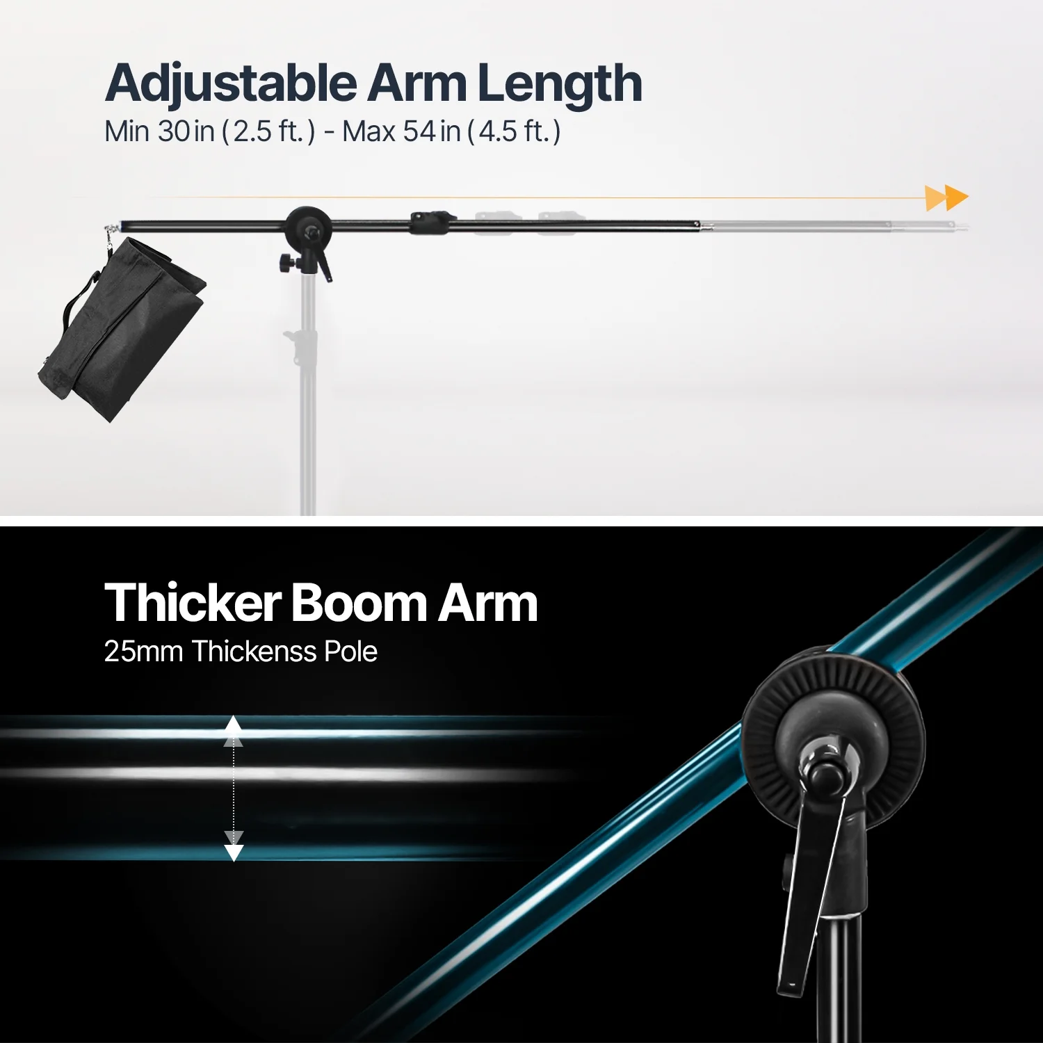 LS Photography 2.5 ft. - 5 ft. Telescoping Boom Arm, Swiveling Grip Head Stand Connector Mount, Sand Bag, WMT2142