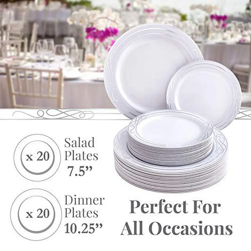 DISPOSABLE 40 PC DINNERWARE SET | 20 Dinner Plates | 20 Salad Plates | Heavy Duty Plastic Dishes | Elegant Fine China Look | Bella Collection (Silver)
