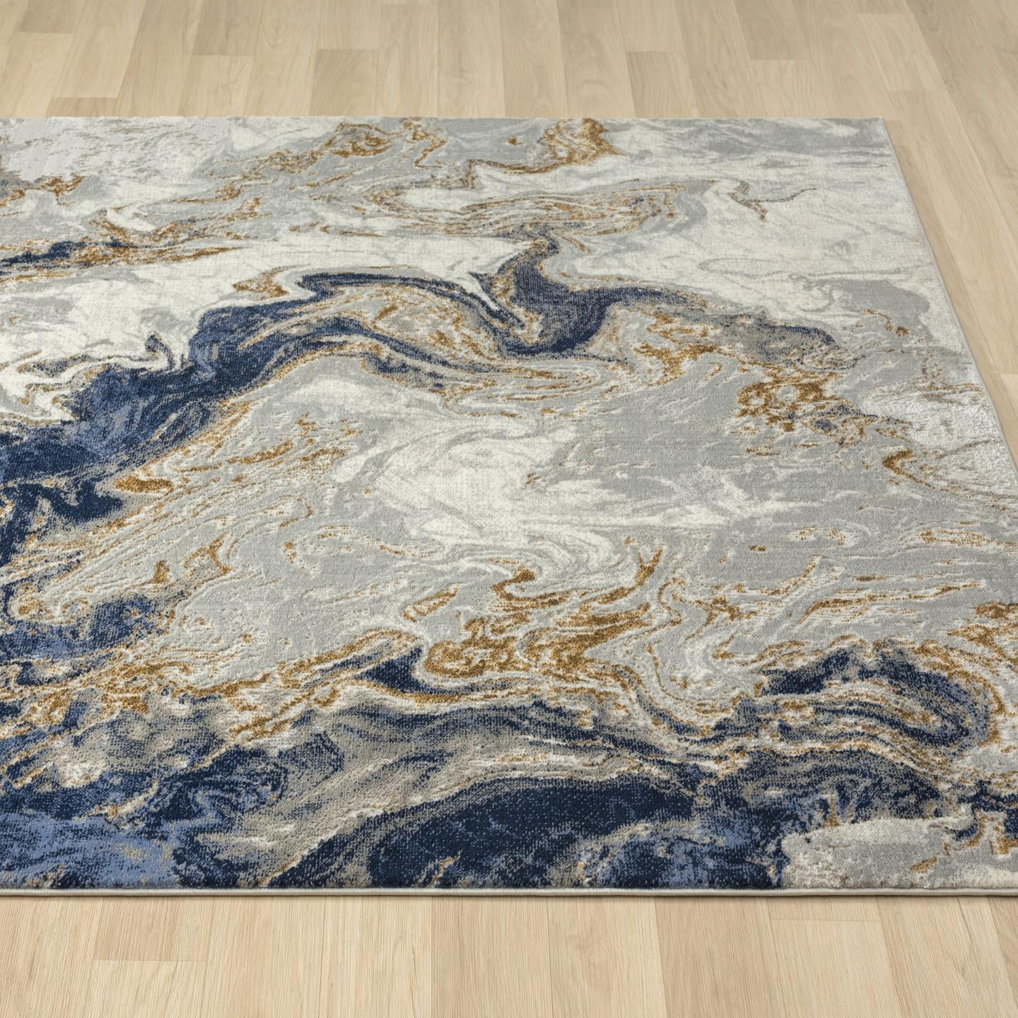 Luxe Weavers Marble Swirl Collection Blue Abstract 8x10 Area Rug Gold (7'4