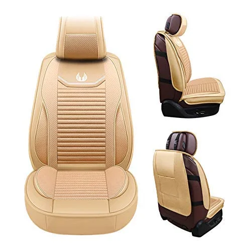 OASIS AUTO Leather&Fabric Car Seat Covers, Faux Leatherette Automotive Vehicle Cushion Cover for Cars SUV Pick-up Truck Universal Fit Set Auto Interior Accessories (OS-008 Full Set, TAN)