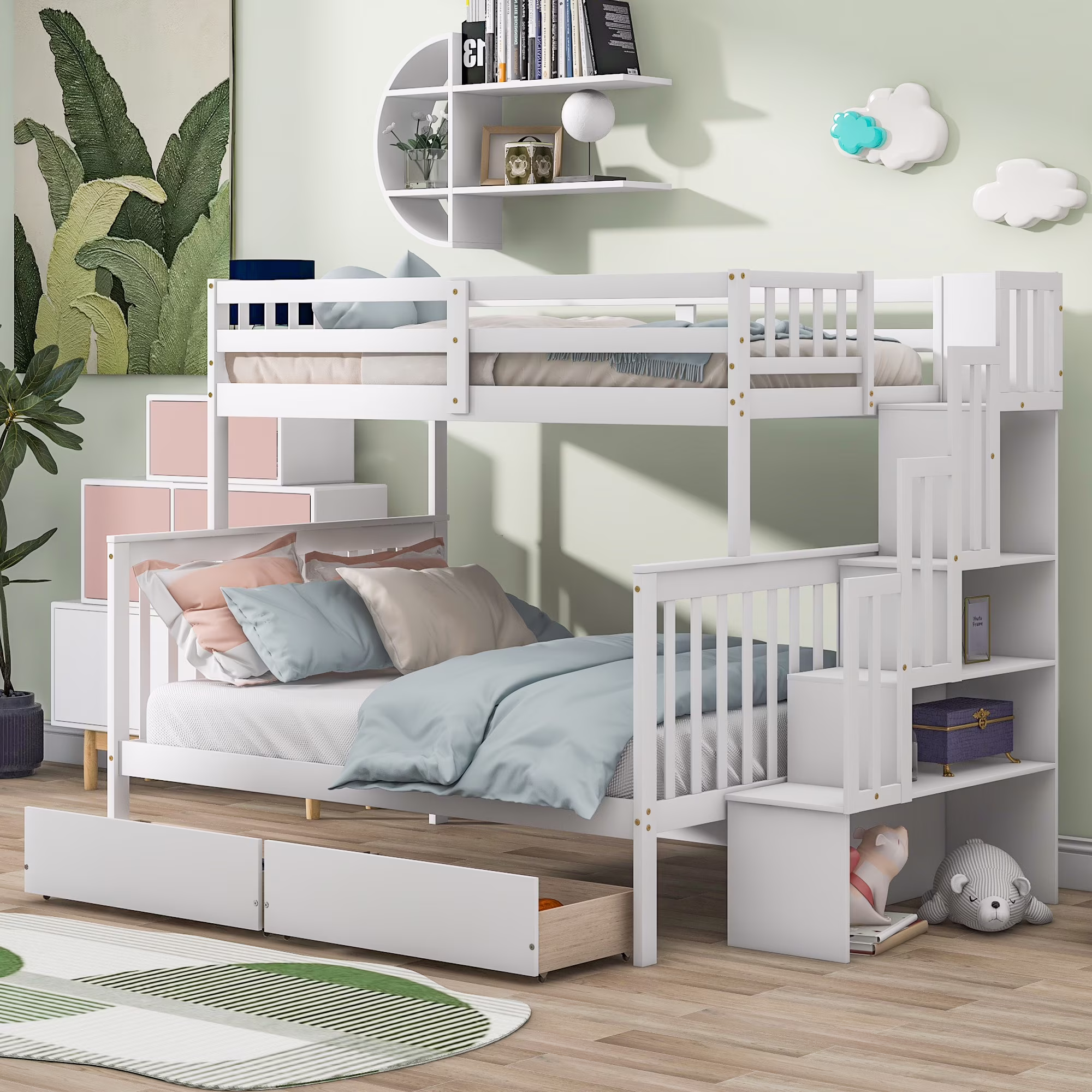 Euroco Solid Wood Twin over Full Bunk Bed with Storage Drawers & Stairway for Kids Room, White