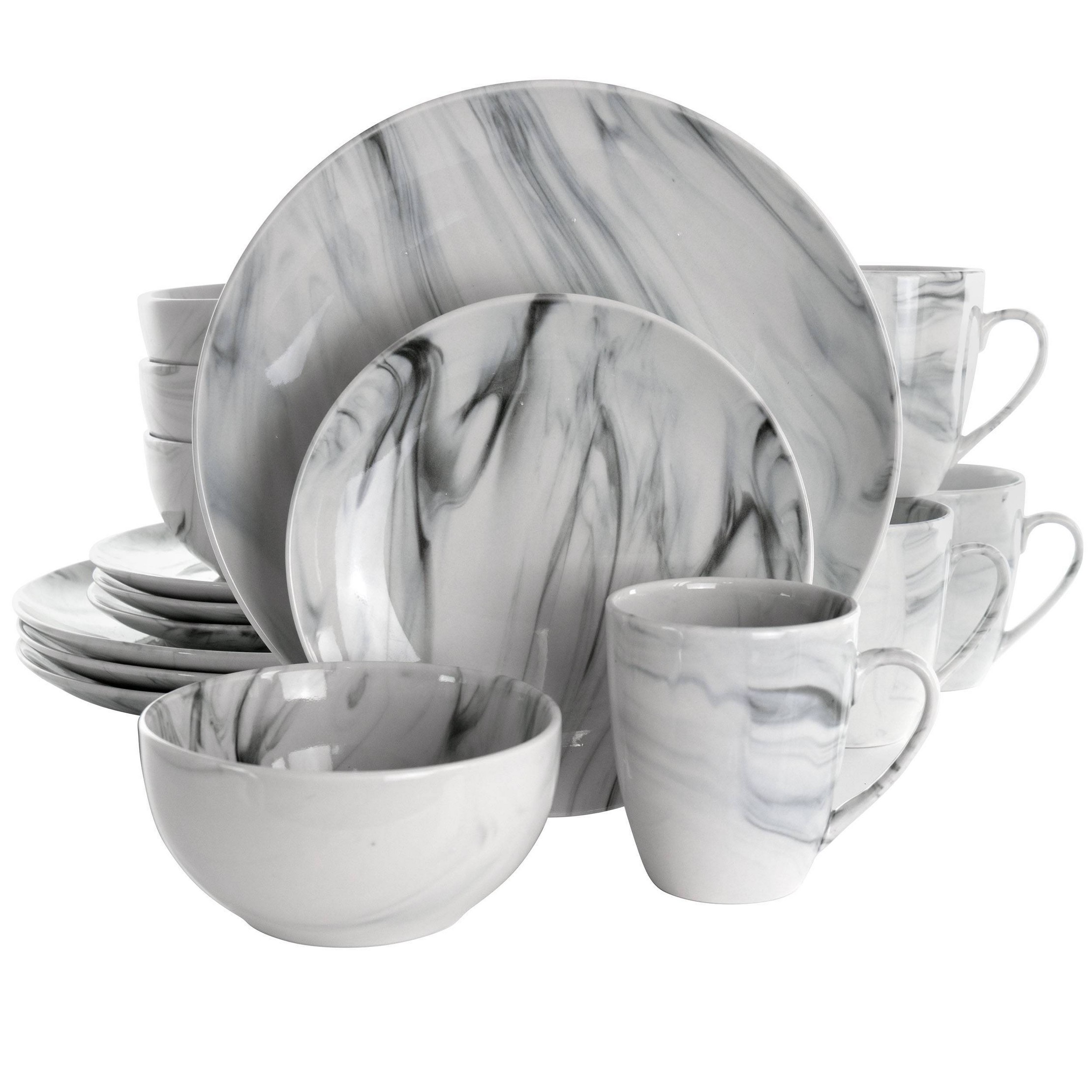 16pc Stoneware Fine Marble Dinnerware Set Black/White