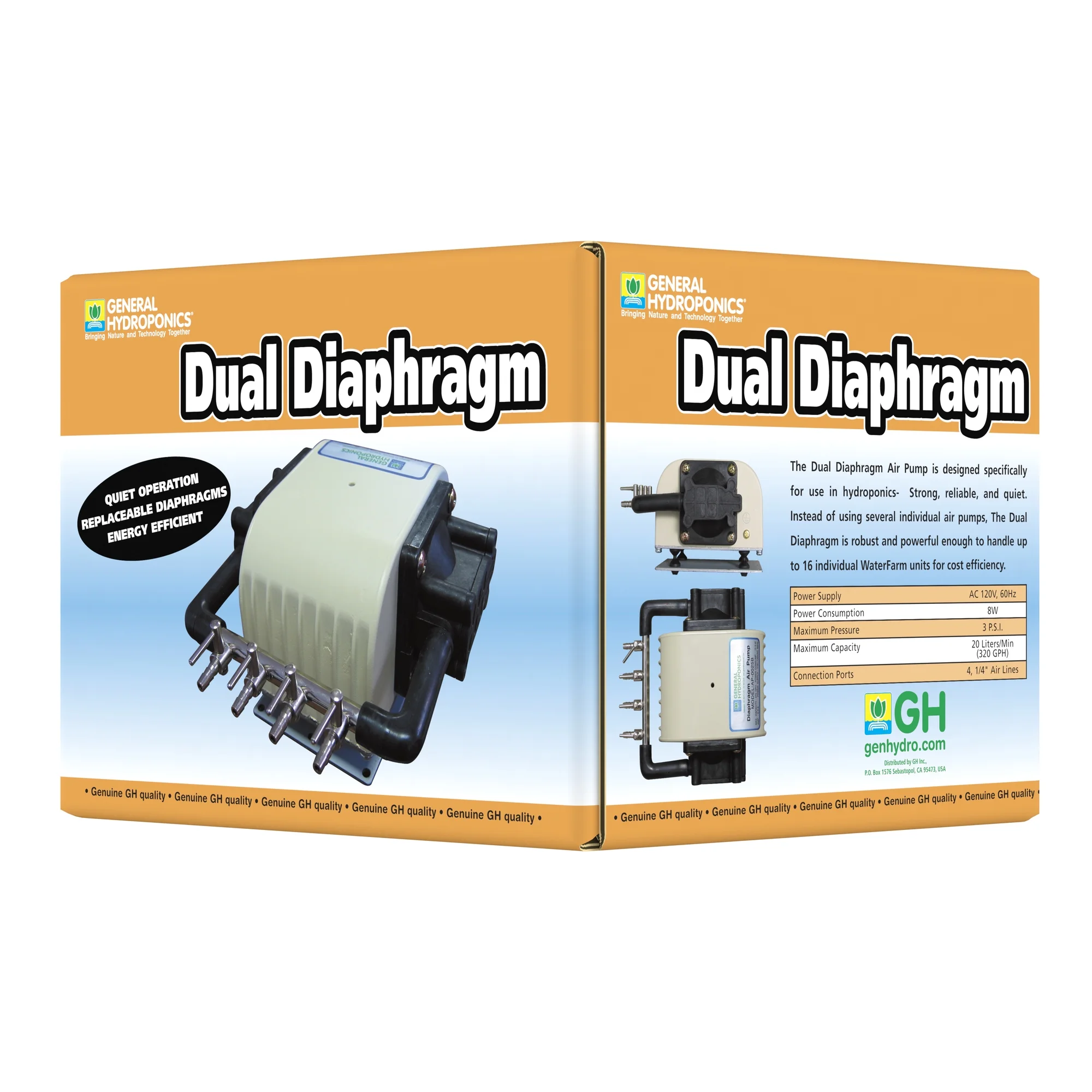 General Hydroponics Dual Diaphragm Air Pump 320 GPH 4 Outlet