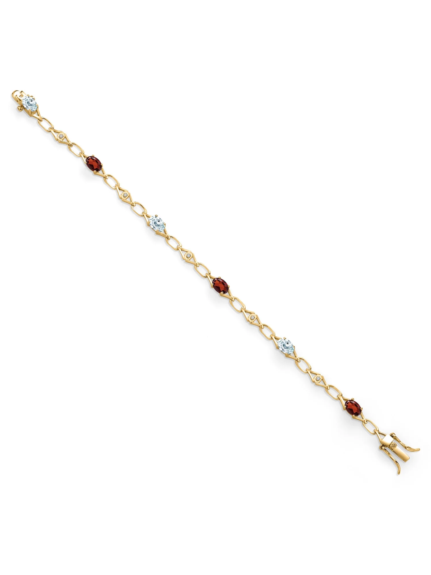 Gem Stone King 18K Yellow Gold Plated Silver Sky Blue Aquamarine and Red Garnet and Round White Lab Grown Diamond Tennis Bracelet For Women (3.25 Cttw, Gemstone Birthstone, Oval 6X4MM, 7.25 inches)