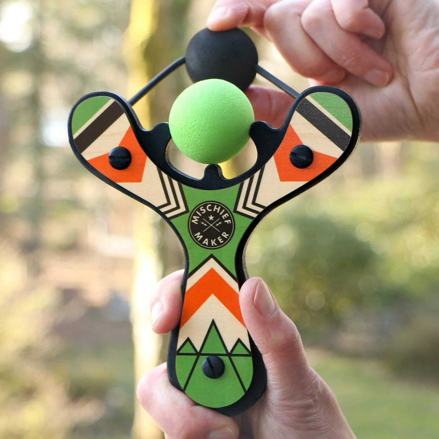 Mighty Fun! Mischief Maker Wooden Toy Slingshot Real Wood and Soft Foam Balls (Green Classic)
