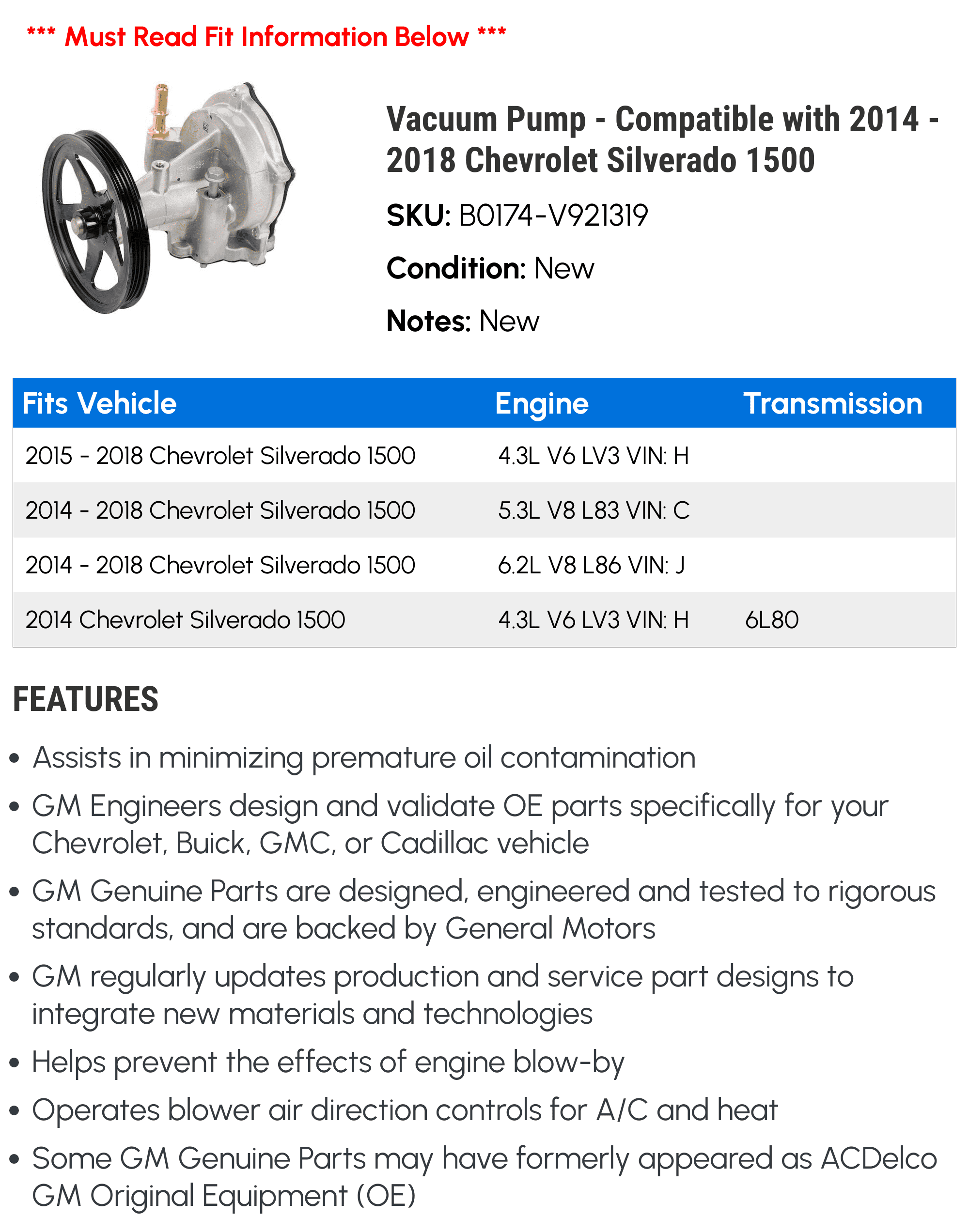 Vacuum Pump - Compatible with 2014 - 2018 Chevy Silverado 1500 2015 2016 2017