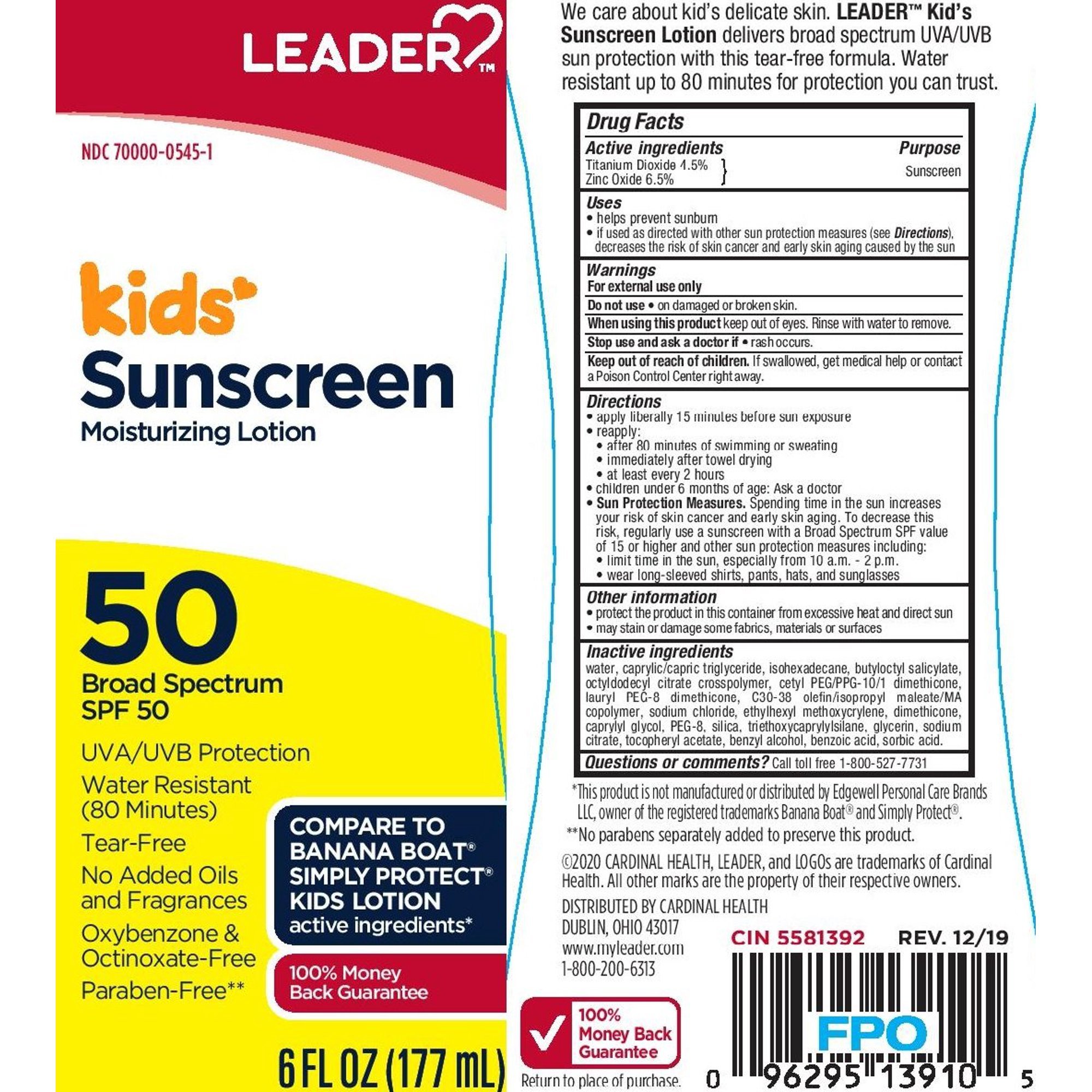 Leader Sunscreen Moisturizing Lotion SPF50 Broad Spectrum, Tear Free, 6oz