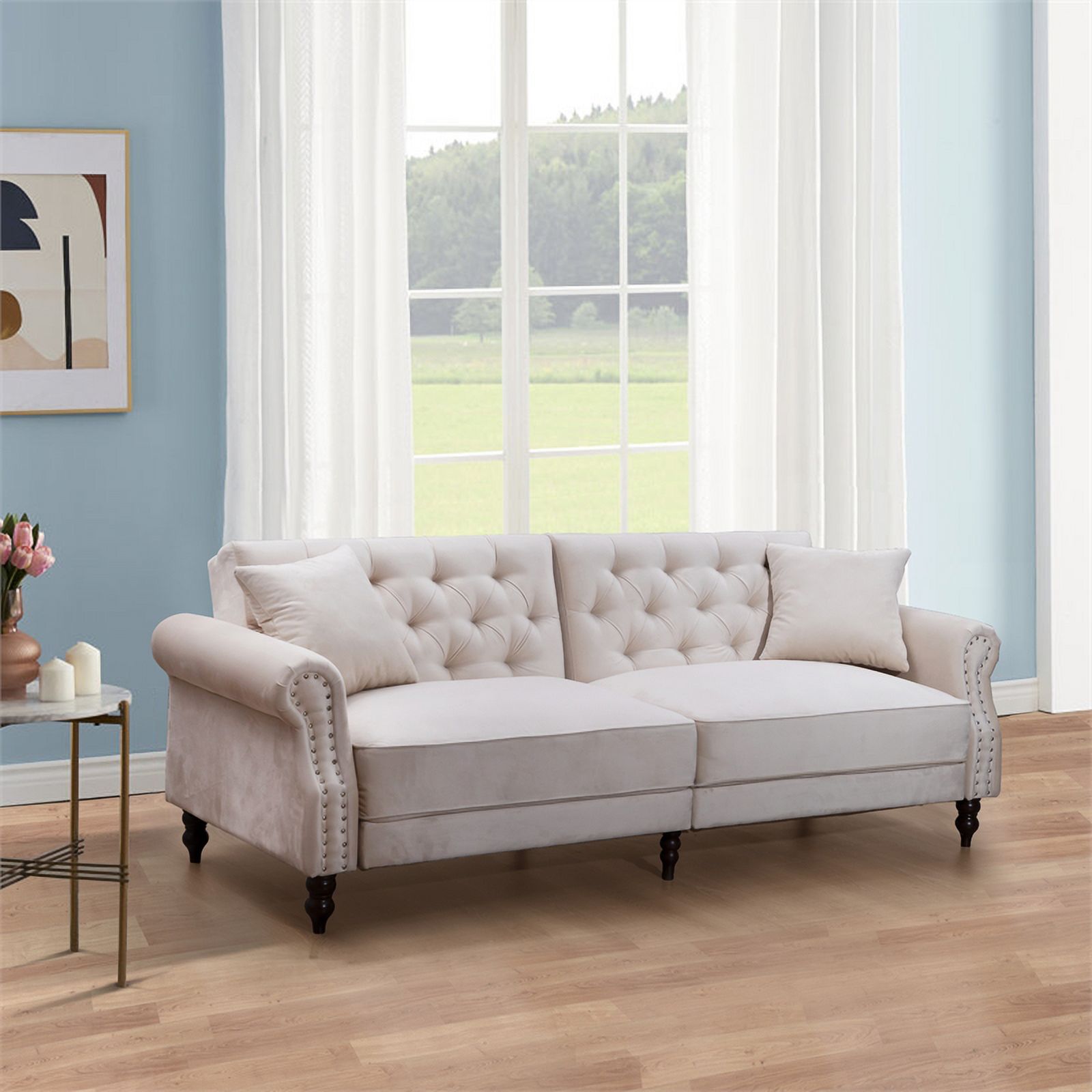 87.8'' Convertible Cream Velvet Sofa Bed Sleeper