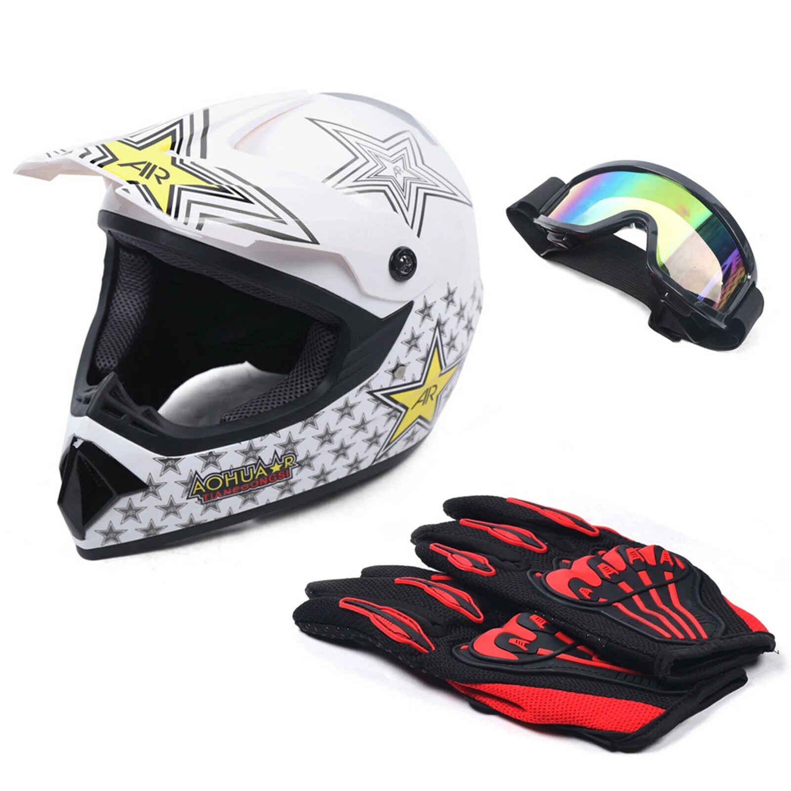 ANQIDI Youth Kids Motocross Helmet Kit Offroad Helmet Gloves Goggles DOT Certification Motorcycle ATV Dirt Bike (White M)