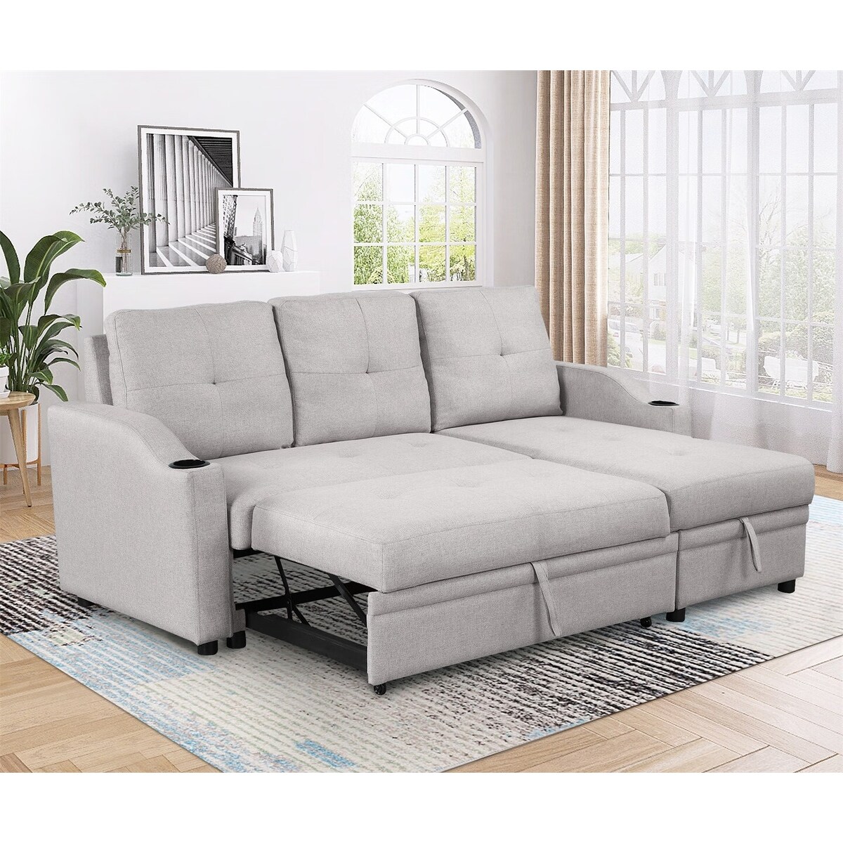 MERAX  Modern Pull Out Upholstered Sofa Bed with Storage Chaise and Cup Holder Blue
