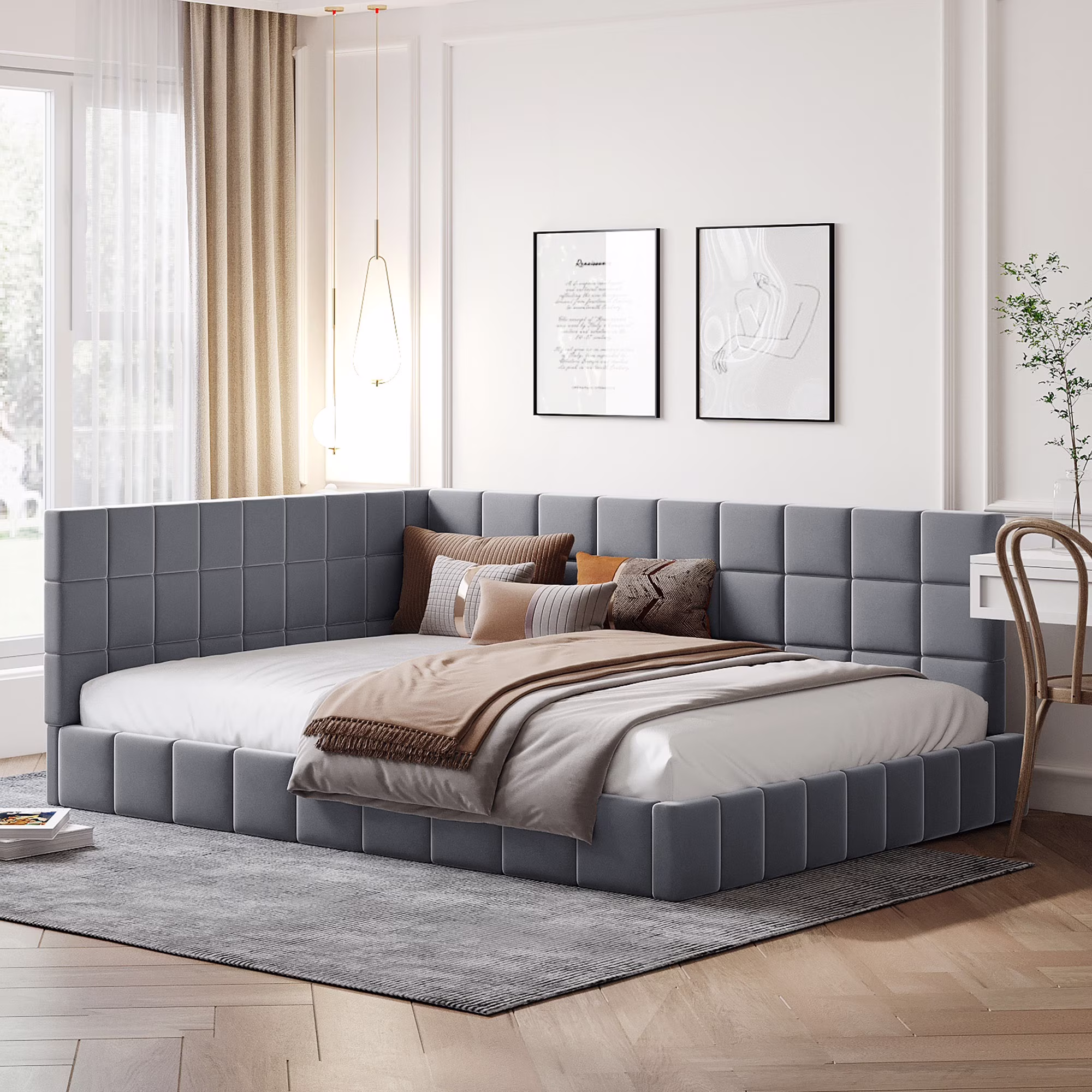 Bellemave Upholstered Full Size Daybed, Tufted Floor Sofa Bed Frame with Wood Slat Support, Corner Full Beds for Living Room Bedroom (Gray)