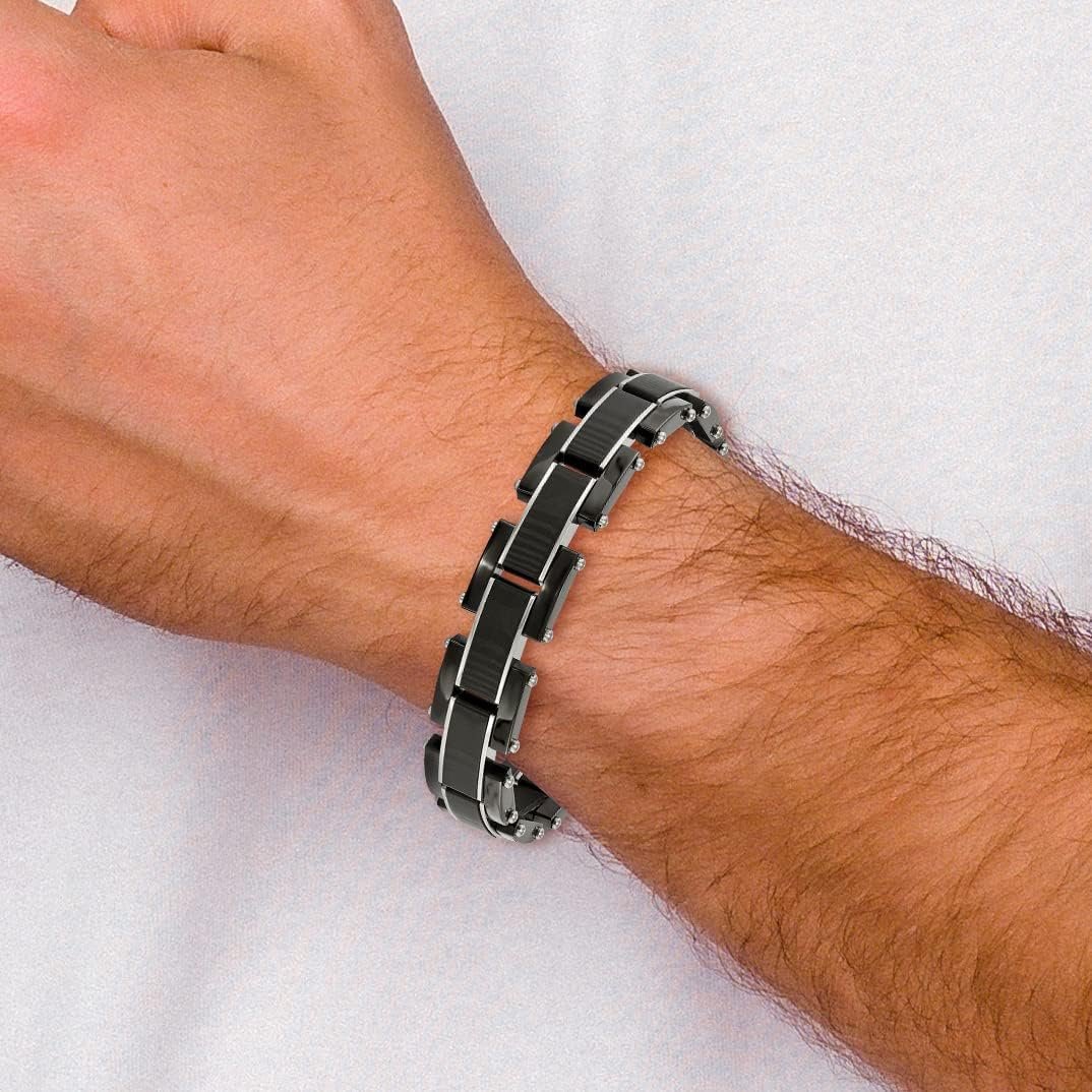 Chisel Stainless Steel Polished Black IP-plated with Solid Black Carbon Fiber Link Bracelet - 8.5