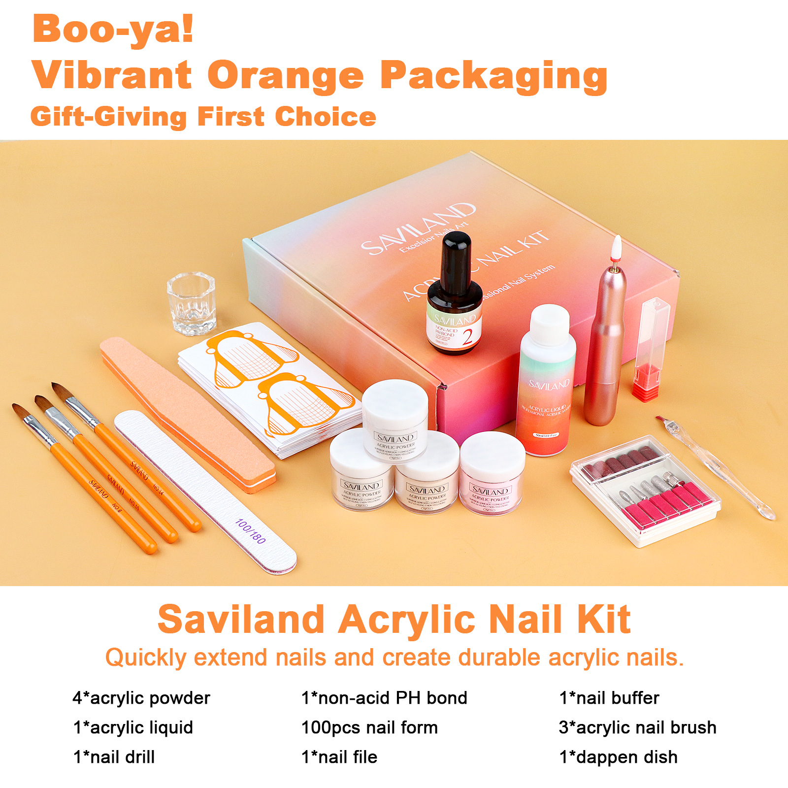 Saviland Acrylic Nail Kit Complete Set with Drill - 4 Colors Clear/Pink/White/Nudes Acrylic Powder and Acrylic Liquid Set with Acrylic Nail Brush, Electric Nail Drill, Acid-Free Primer