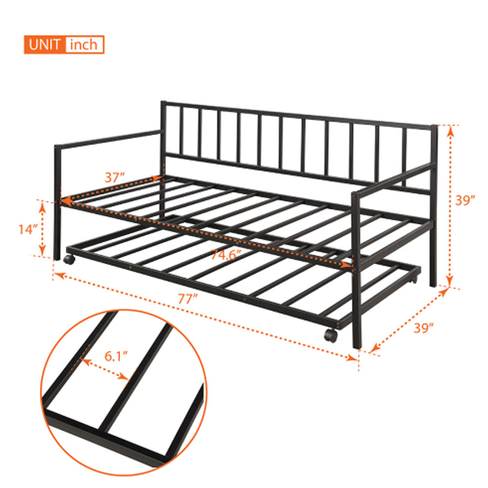 Twin Daybed with Trundle Multifunctional Metal Lounge Daybed Frame - Black