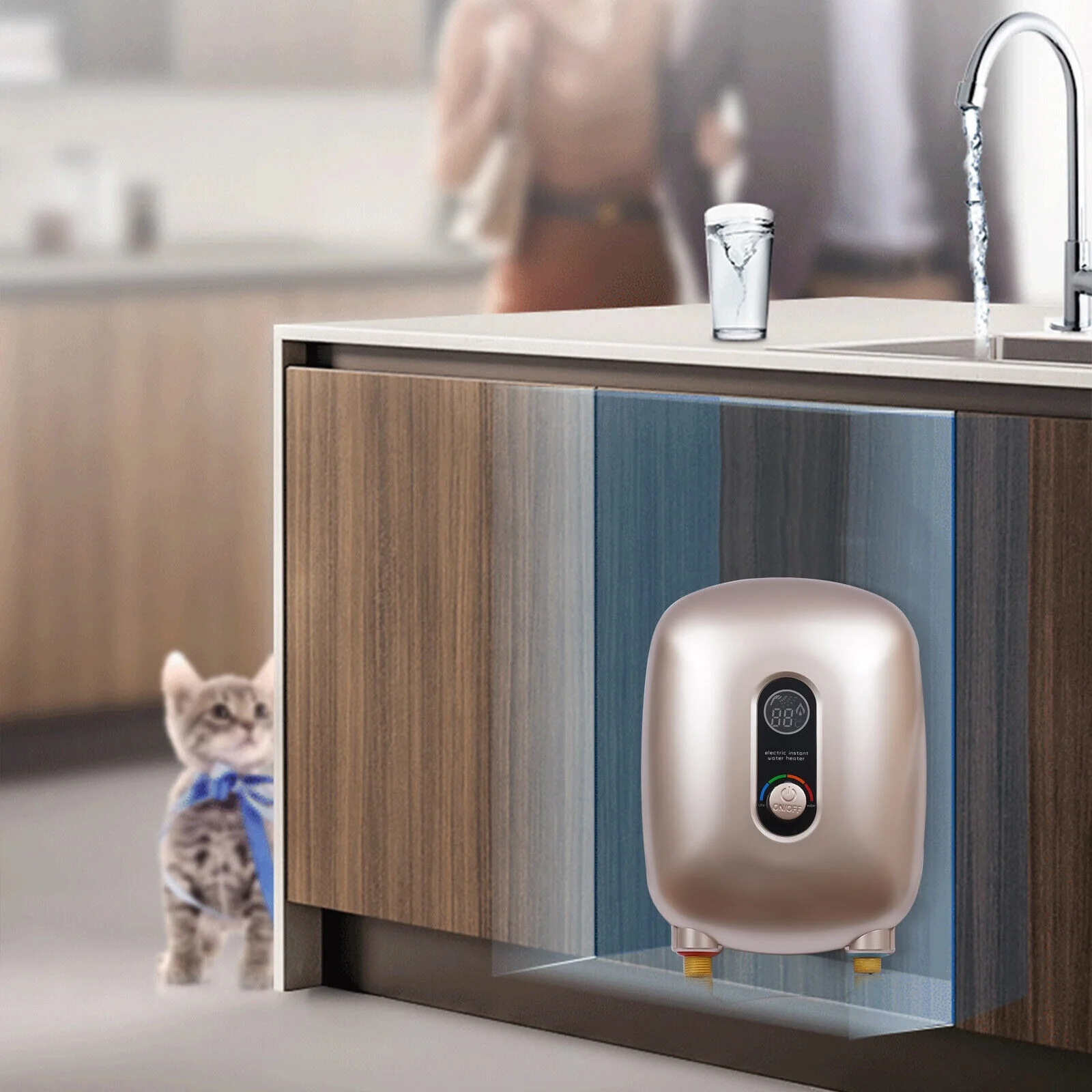 Oukaning 6500W Electric Instant Kitchen Shower Hot Water Heater Tankless Water Heater 220V, Gold