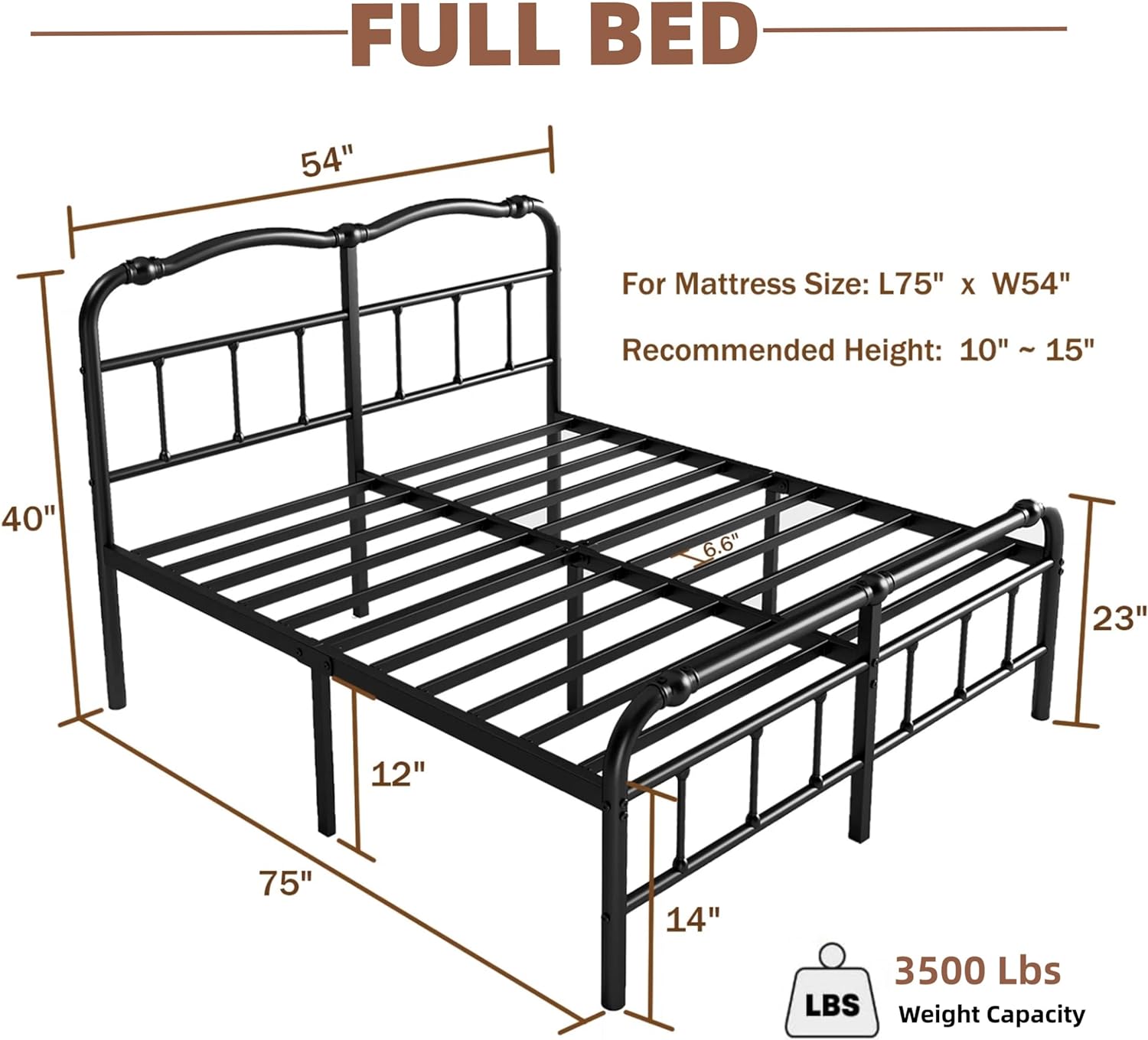 Full Size Bed Frame with Headboard and Footboard, 14 Inch High, Heavy Duty Bed Frame No Box Spring Needed, Easy Assembly, Noise-Free, Under Bed Storage, Black