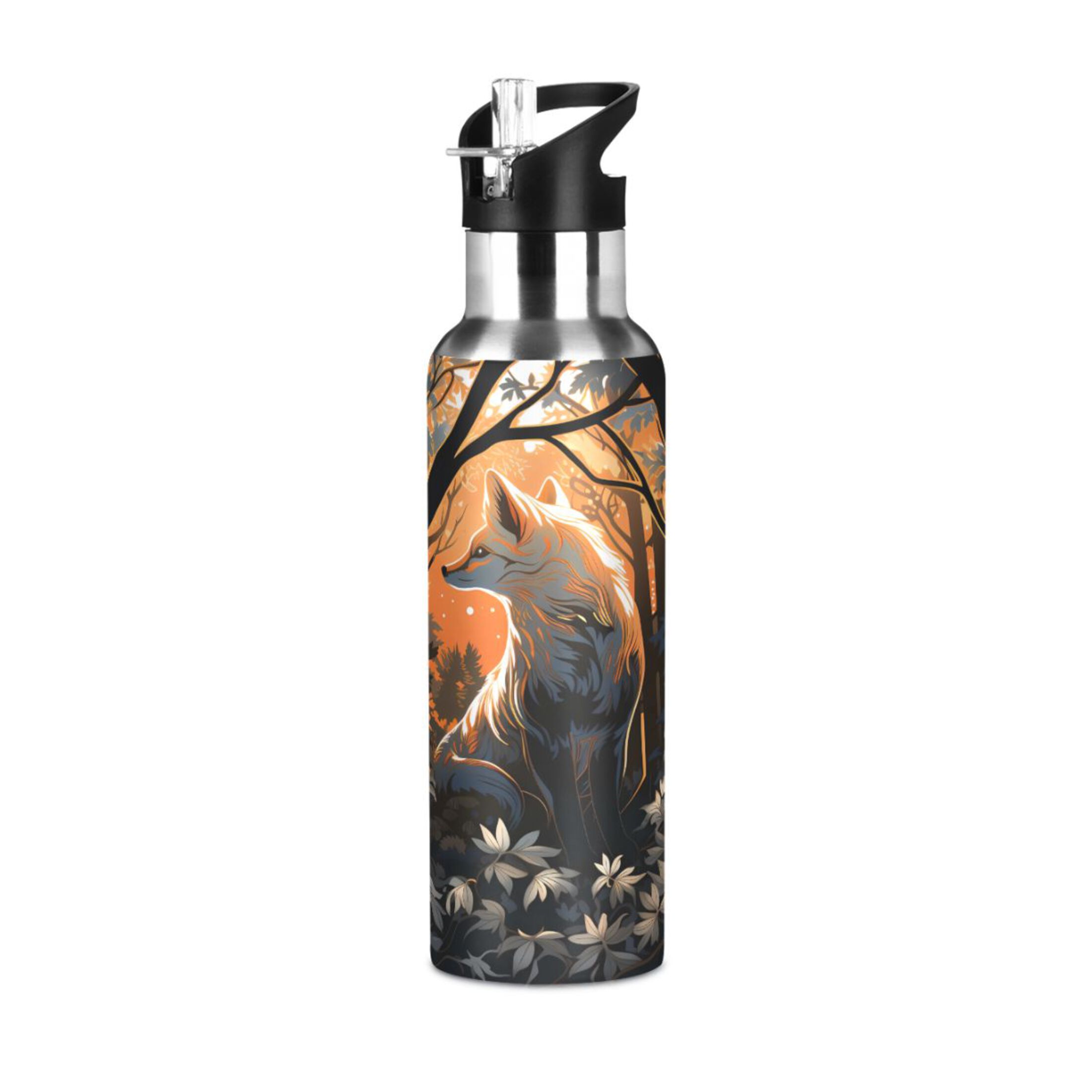 Water Bottle with Straw Lid Leak Wolf on Forest Flowers Stainless Steel Insulated Thermos Vacuum Flask for Cold Hot Drinking for Sports Camping Gym Yoga