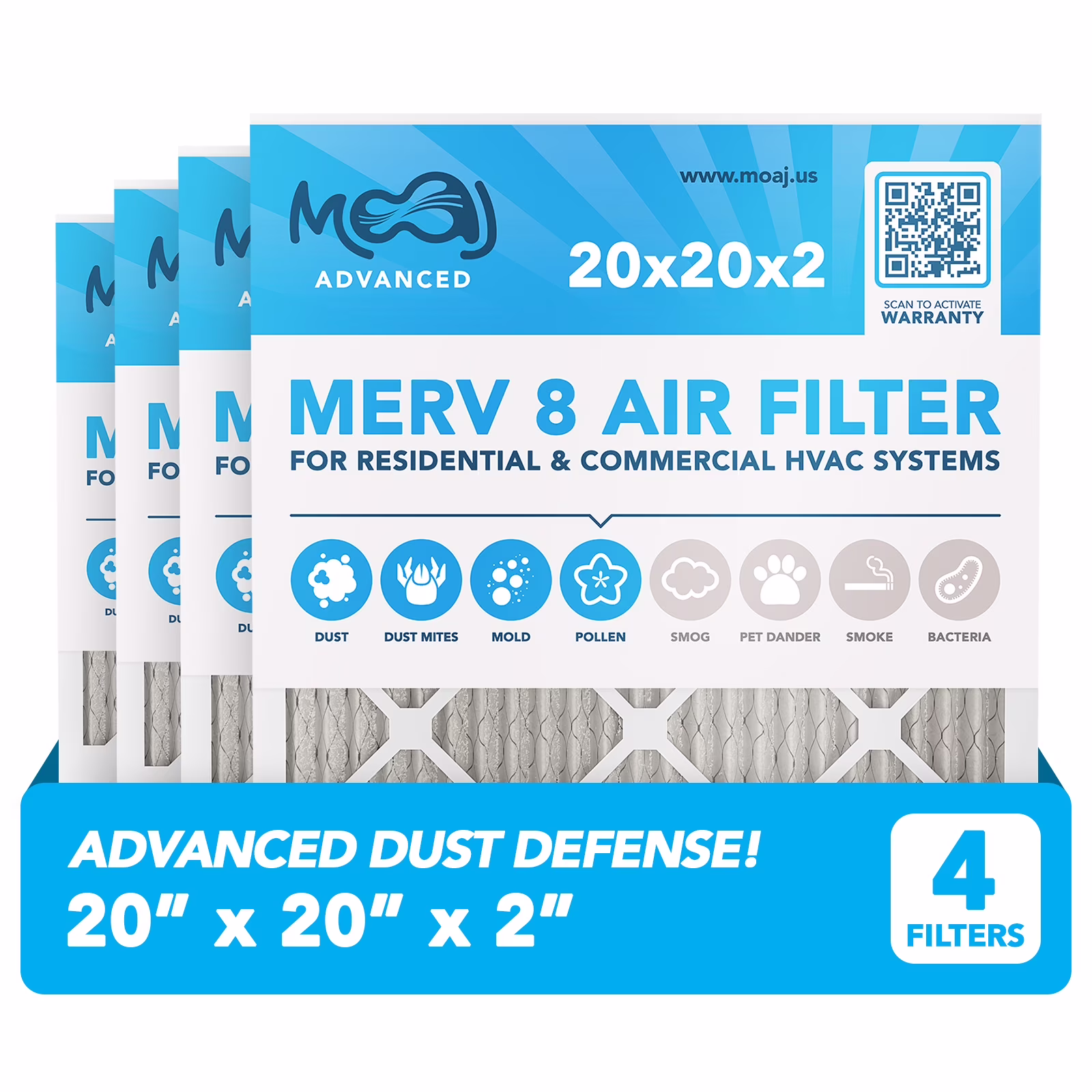 20x20x2 Air Filter (4-PACK) | MERV 8 | MOAJ Advanced Dust Defense | BASED IN USA | Quality Pleated Replacement Air Filters for AC & Furnace Applications | Actual Dimensions: 19.70