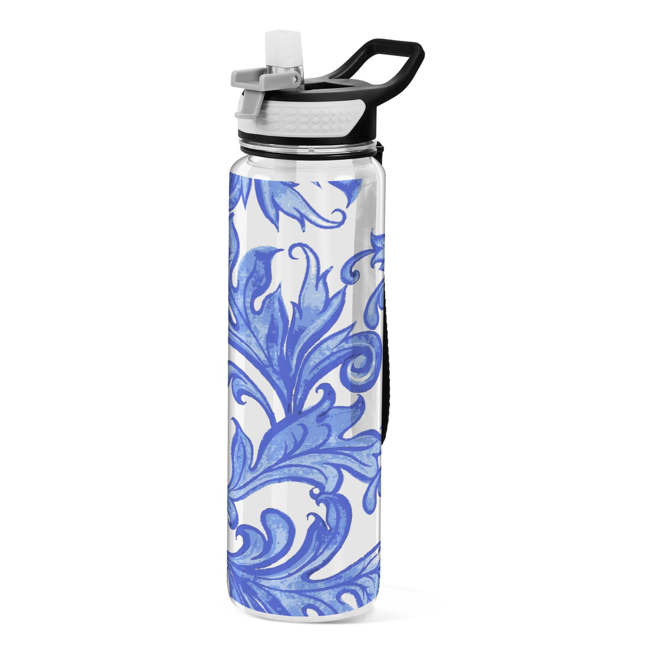 Blue Floral Flowers 32oz Water Bottles with Straw Tritan Leakproof Sports Bottle BPA Free Clear for Fitness Gym Swimming Cycling