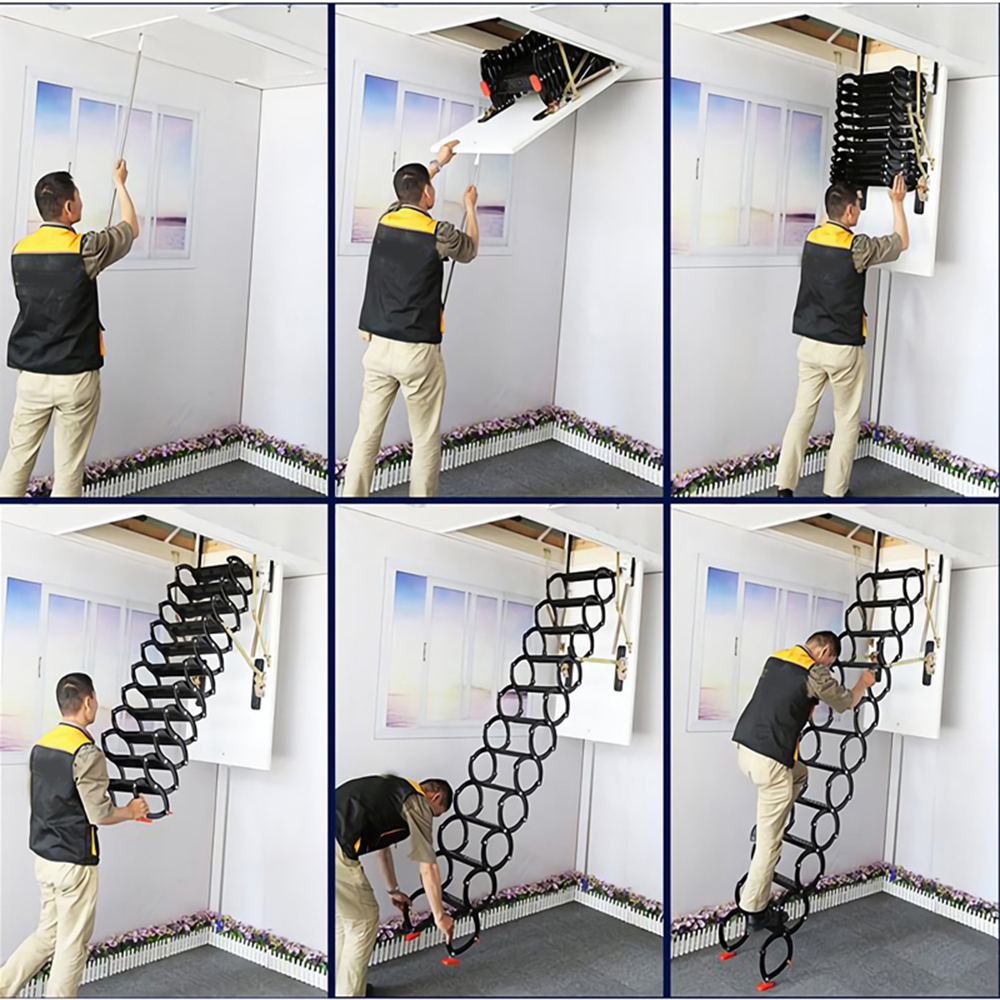Techtongda Black and White Loft Wall Ladder Stairs Attic Ceiling Ladder Telescopic Folding Ladder 13 Steps Al-Mg Alloy