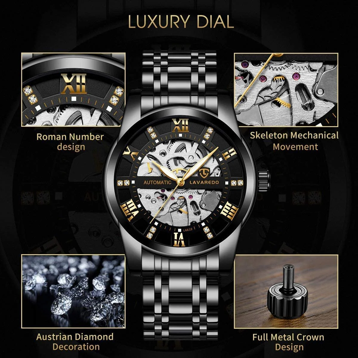 Mens Watches Mechanical Stainless Steel Waterproof Watches Automatic Self-Winding Wrist Watch Luxury Roman Numerals Diamond Dial Wrist Watch For Man