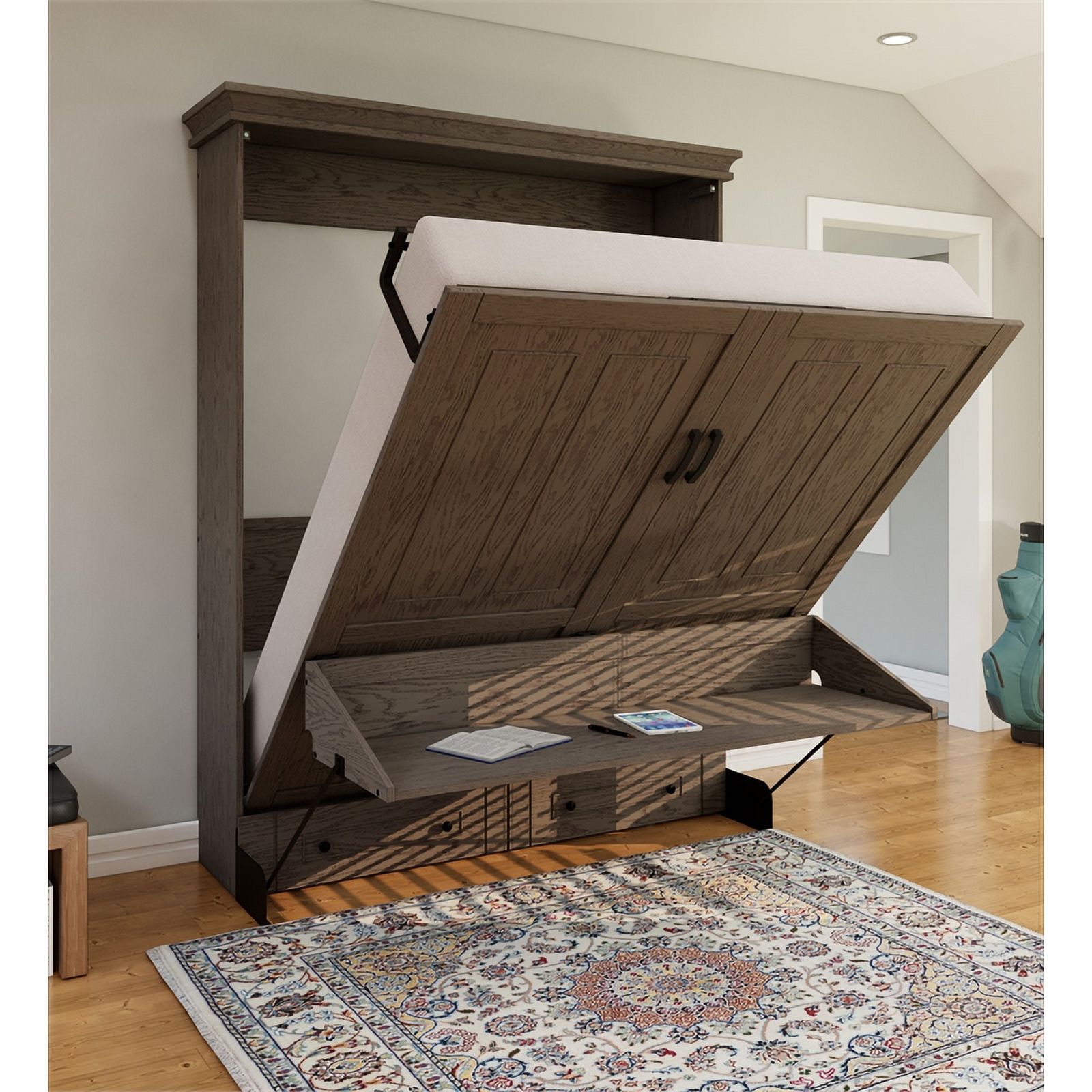 Pemberly Row Transitional Queen Solid Wood Murphy Wall Desk Bed in Gray