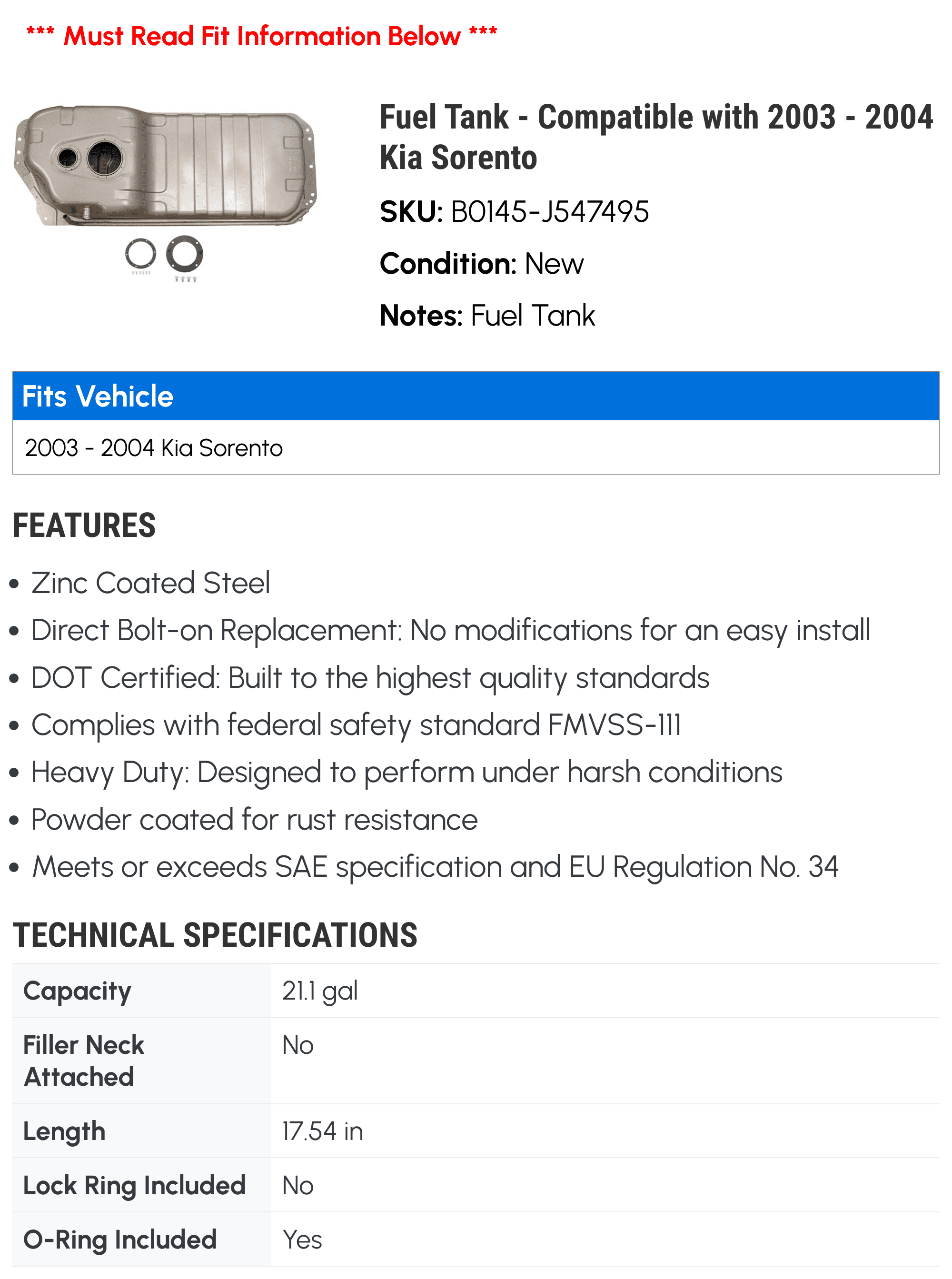 Fuel Tank - Compatible with 2003 - 2004 Kia Sorento