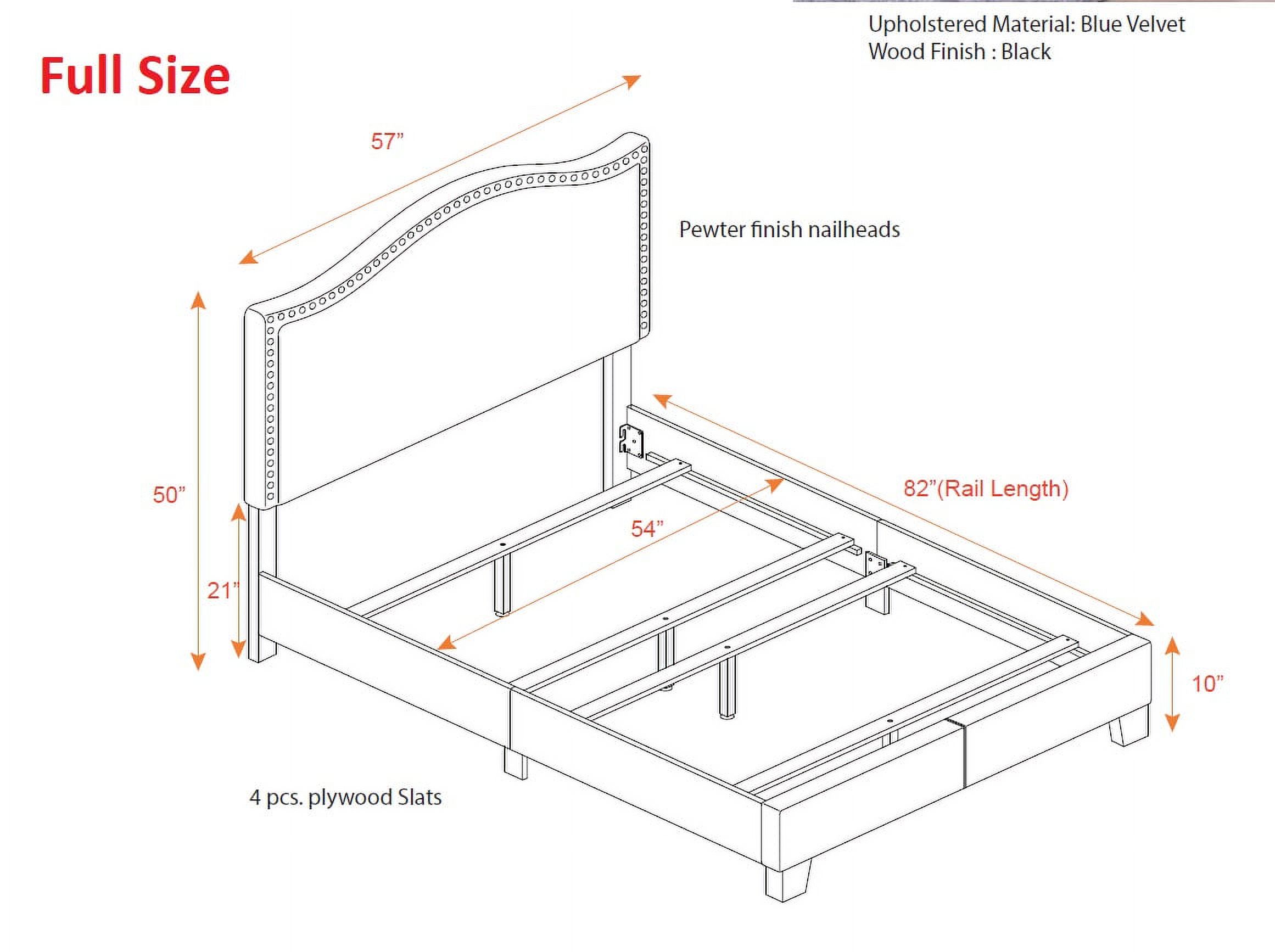 Skye Upholstered Panel Bed, Blue Velvet, Full, With Solid Wood Legs, Nailhead Headboard, Footboard, Rails, Slats