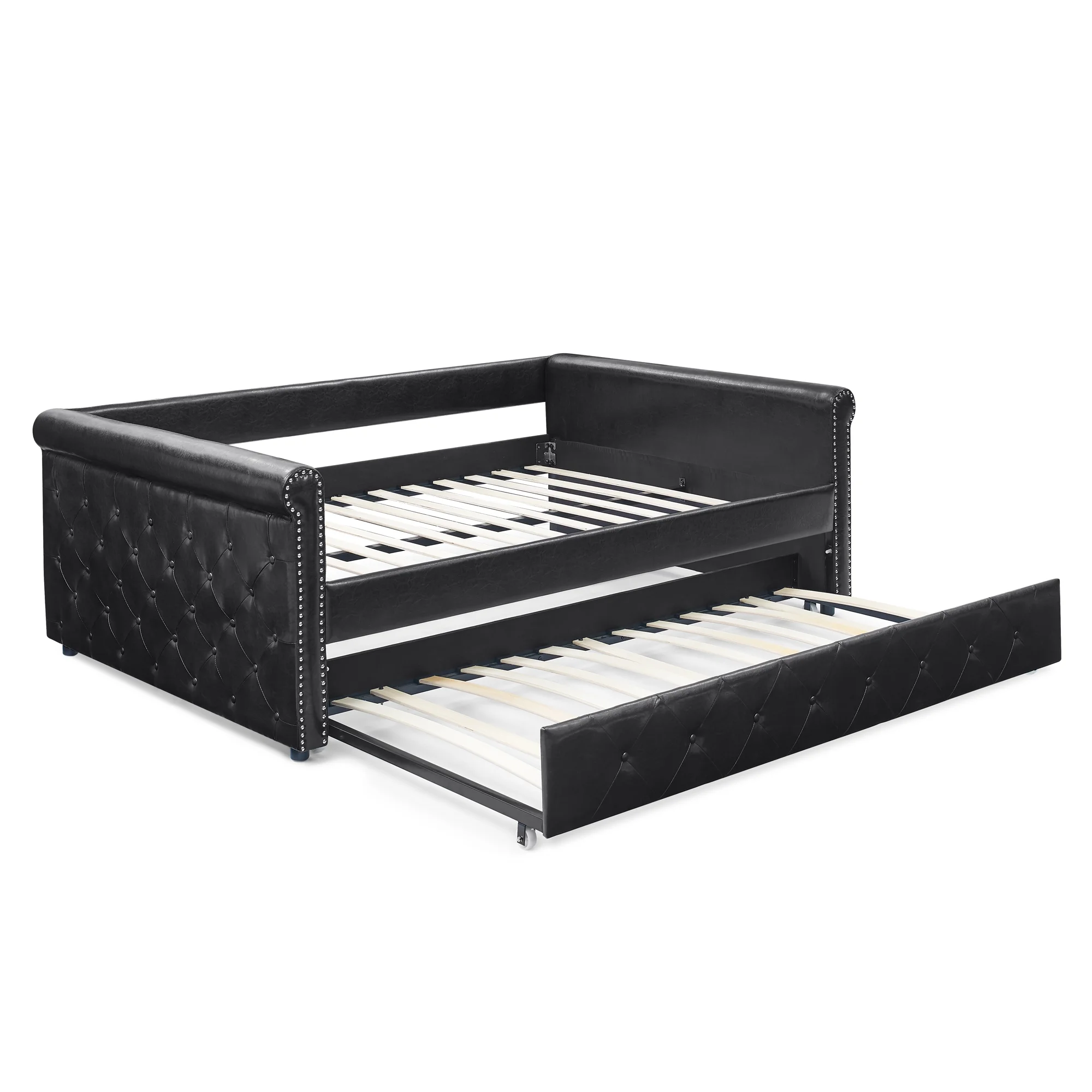 CoSoTower Daybed With Trundle Upholstered Tufted Sofa Bed, With Button And Copper Nail On Arms, Full Daybed & Twin Trundle, Pu Black, 85.5“X57”X30.5“