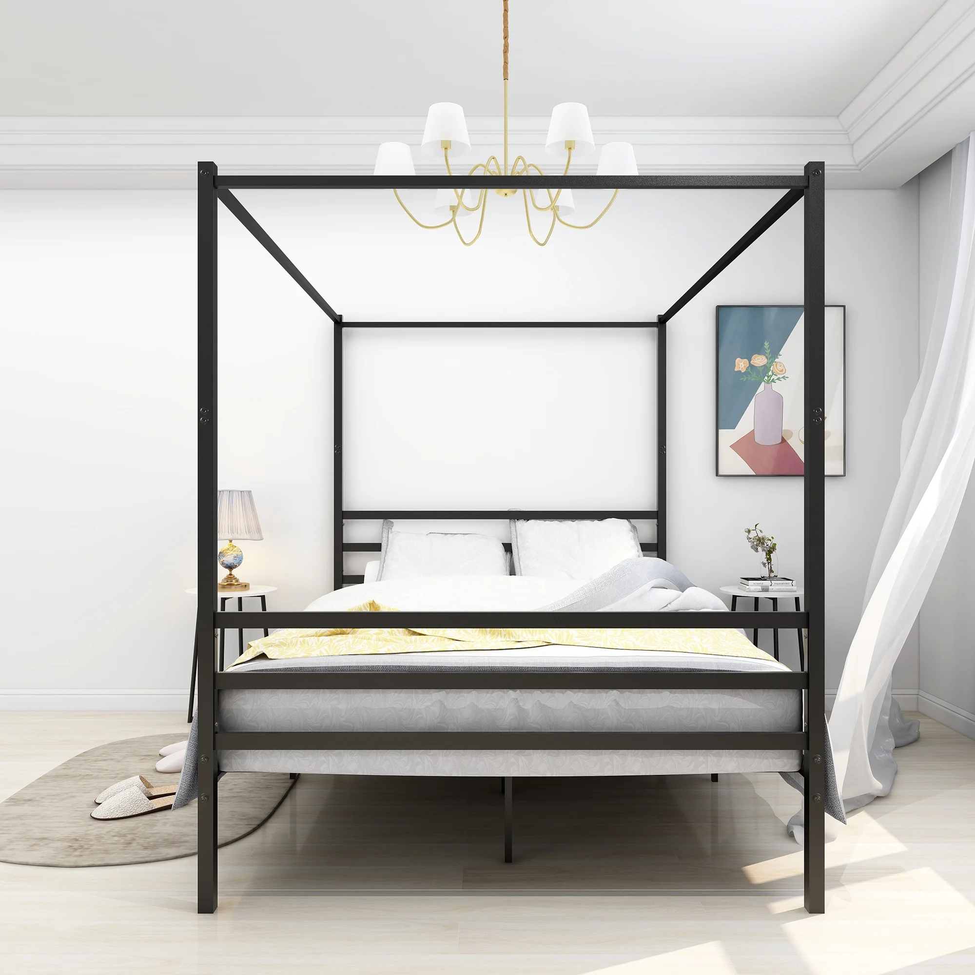 Dcenta Metal Canopy Bed Frame, Platform Bed Frame Queen with minimalism style Frame , Queen Black