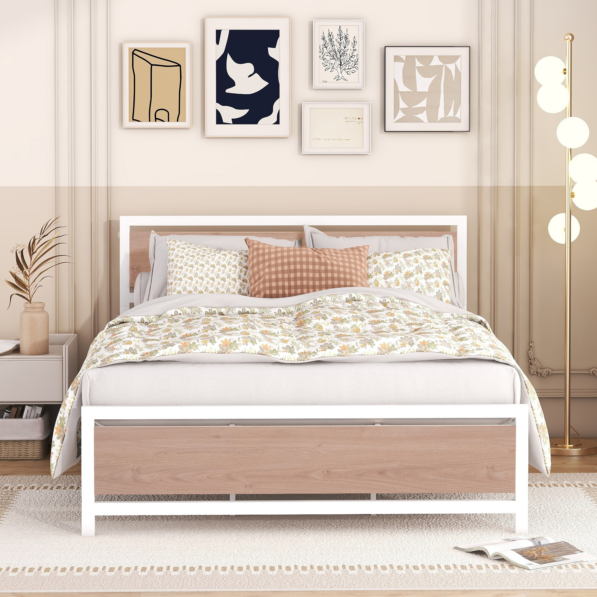 CoSoTower Queen Size Platform Bed, Metal and Wood Bed Frame with Headboard and Footboard , White