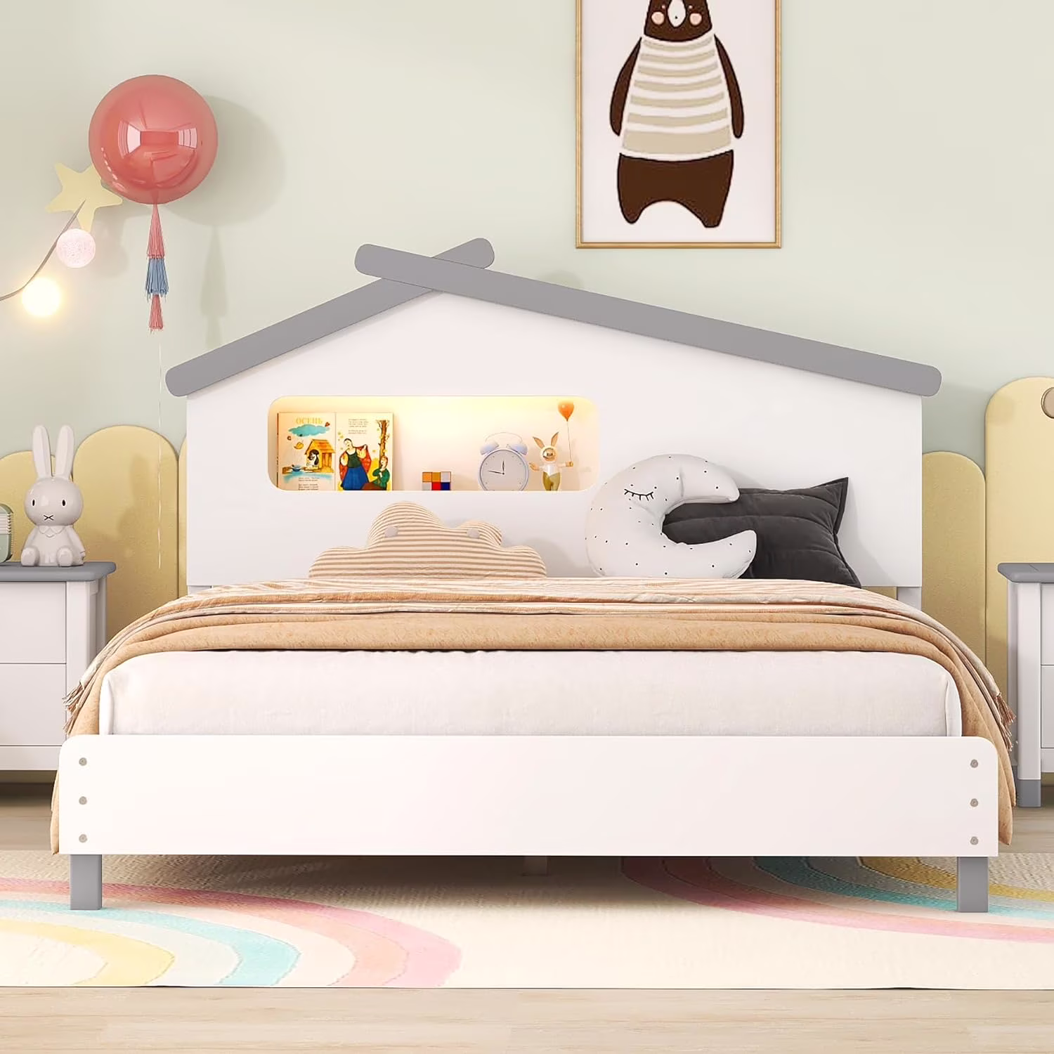 Full Size Bed Frame Wood Platform Bed With House-Shaped Headboard And Activated Night Lights, No Box Spring Needed (White+Gray)