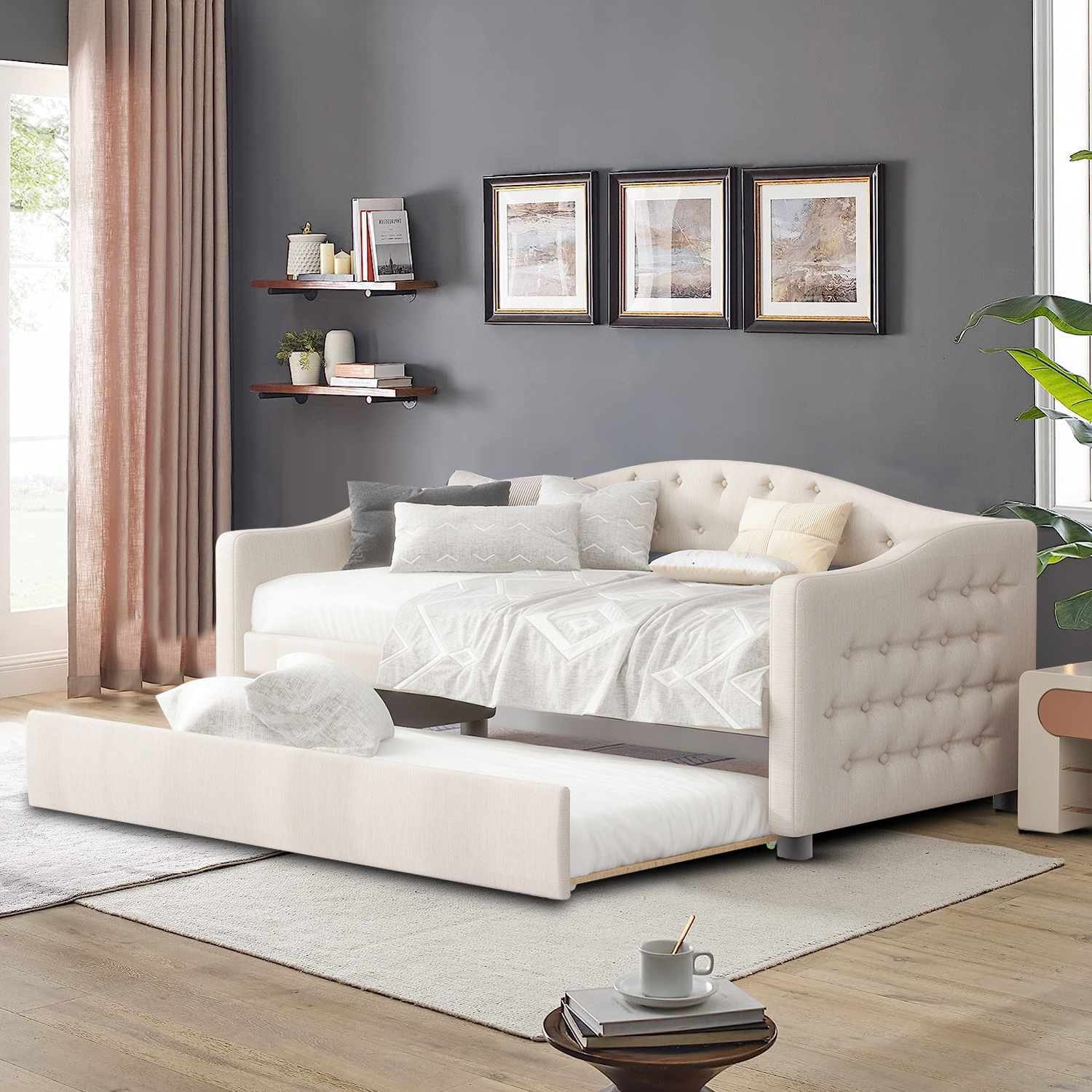 Elegant and Comfortable Twin Size Button-Tufted Upholstered Daybed with A Trundle, Beige