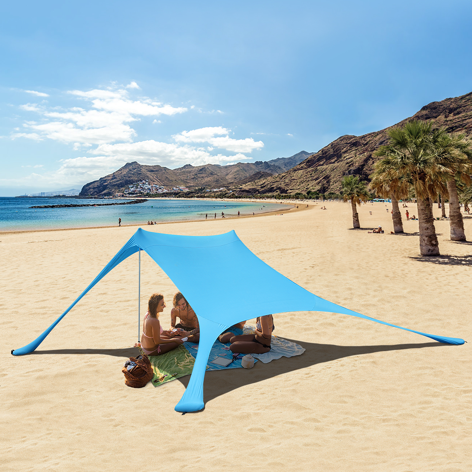 Family Beach Tent with Aluminum Poles, Pop Up Beach Sunshade with Carrying Bag (Blue, 7X7 FT)