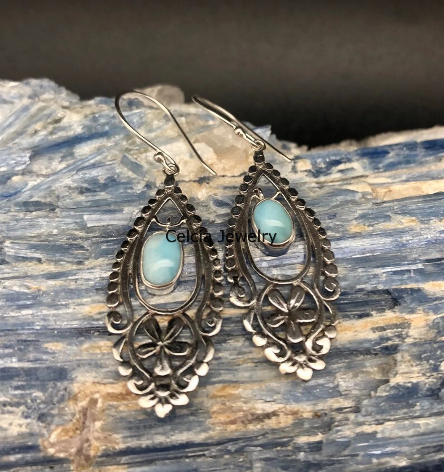 Solid 925 Sterling Silver Dangle Drop Earrings For Women, Larimar Natural Blue Gemstone Unique Handcrafted Designer Earrings For Her