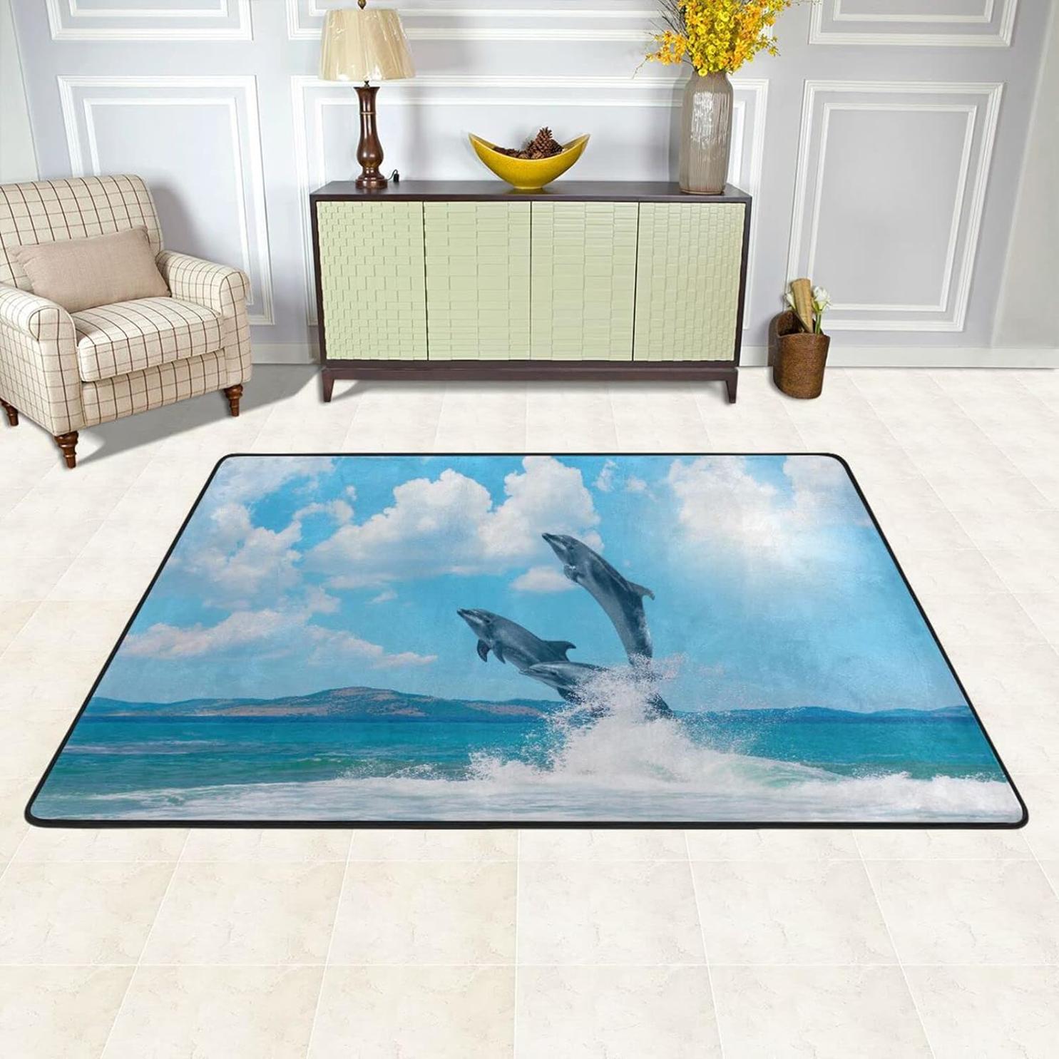 Bestwell Dolphin Summer Jump Area Rug, 36×24in, Ocean Ocean Animal Non-Slip Floor Carpet, Comfort Soft Floor Mats Decor for Indoor Living Dining Room and Bedroom Area