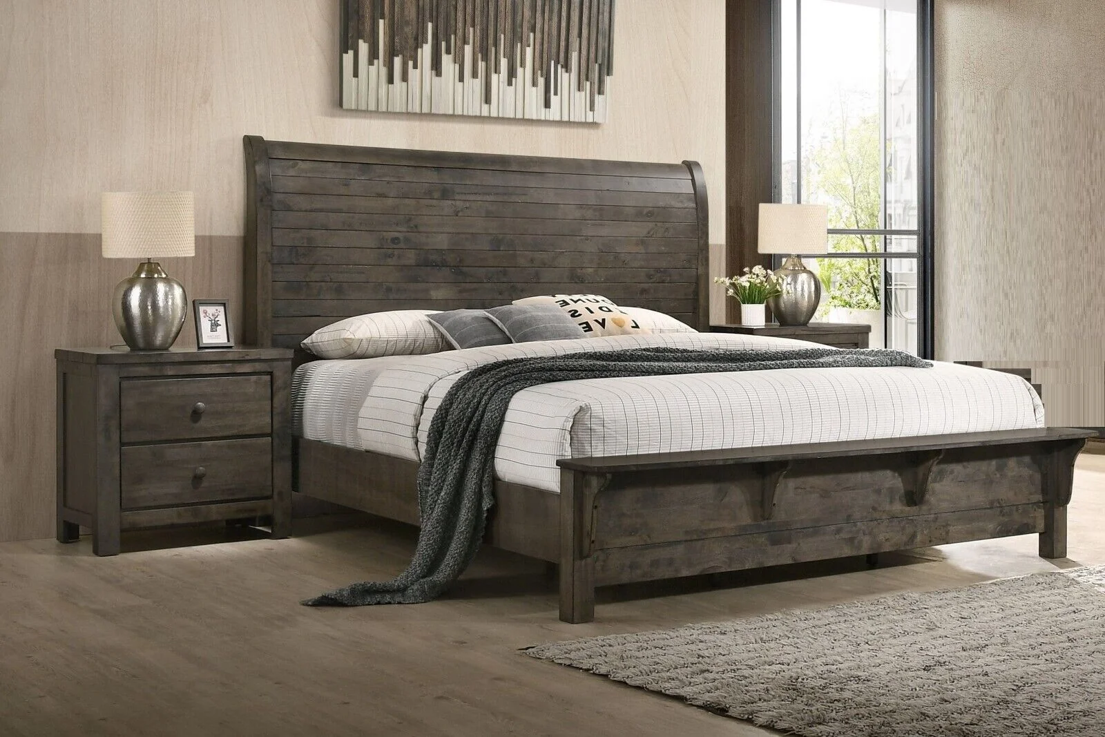 Contemporary Classic 3pc King Built-in Bench Bed Nightstand Set Curve Headboard Rustic Gray Finish