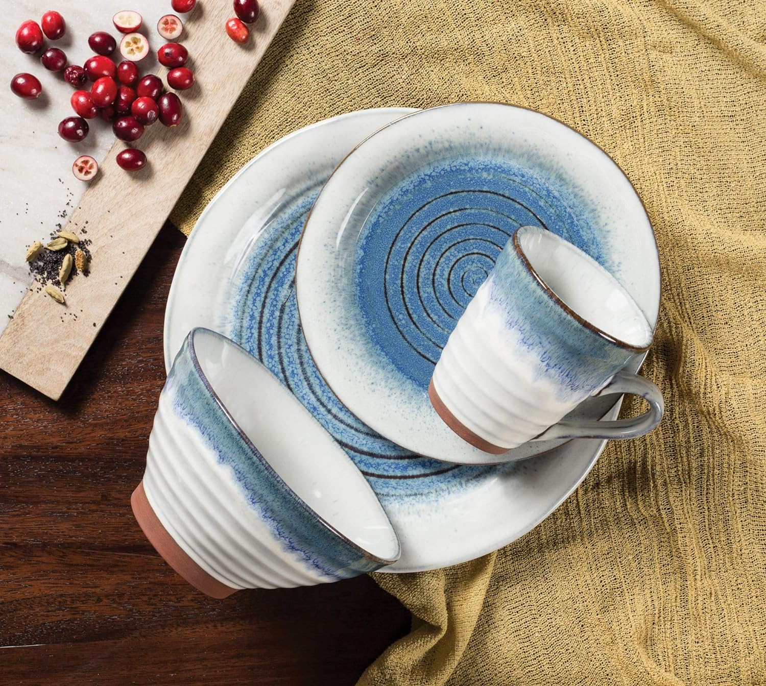 Talia 16-Piece Stoneware Dinnerware Set With Round Plates, Bowls, And Mugs, Dusk Blue