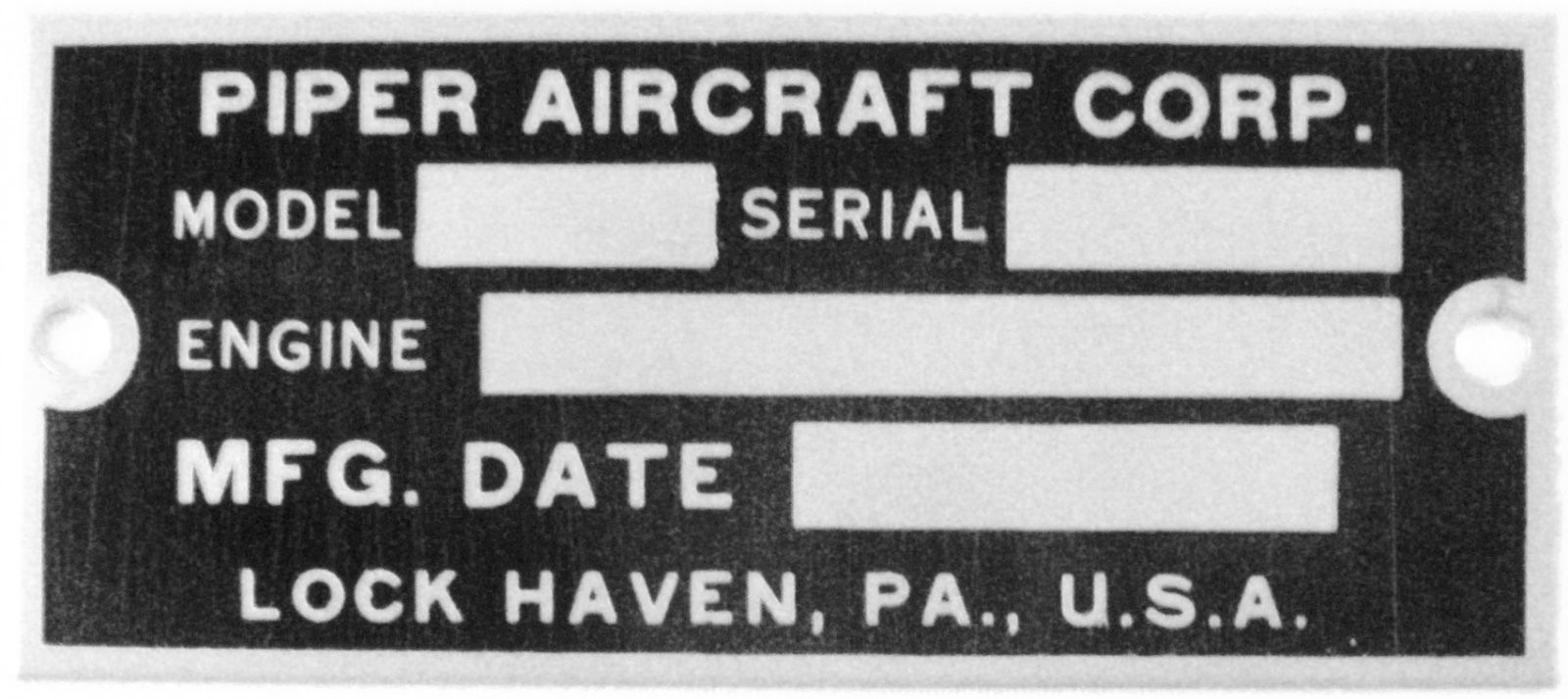 Piper Data Plate, J-3 Cub, L-4, PA-18, Vintage Aviation  DPL-0104
