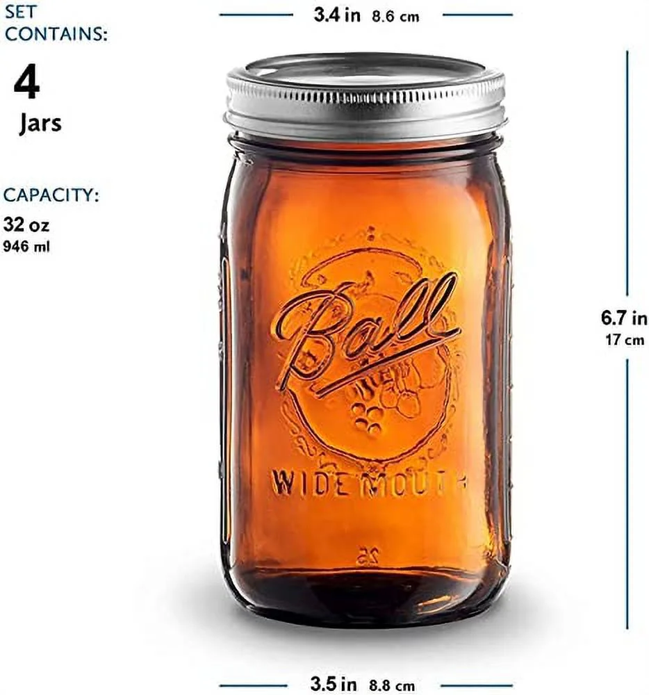 Ball Amber Glass Wide Mouth Mason Jars (32 oz/ Quart ) 12 Pack. With Airtight lids and Bands - Amber Canning Jar - UV light Protection - Microwave & Dishwasher Safe.
