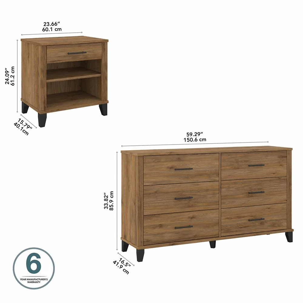 Somerset 6 Drawer Dresser and Nightstand Set in Fresh Walnut - Engineered Wood